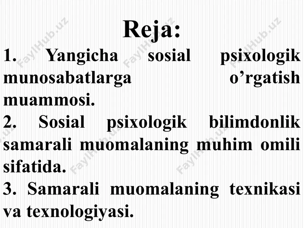lar o’rtasidagi sosial munosabatlar sharqda o’ziga xos va har bir millat psixologiyasiga mos holda shakllangandir. istiqlol tufayli o’z mustaqil taraqqiyoti yo’lidan borayotgan respublikamiz yoshlarini yangicha sosial munosabatlarga tayyorlash, davr ruhida tarbiyalash – shu kunning eng dolzarb va ustuvor vazifalaridan biridir. sosial psixologik munosabatlarning psixologik tabiatini tahlil qilar ekanmiz, uning shaxs kamoloti va salohiyatiga ta’siri masalasiga alohida to’xtab o’tish joizdir, chunki aynan jamiyatda shaxslararo munosabatlarda shaxsda o’zini-o’zi anglash, o’zini-o’zi kamol toptirish jarayonlari tezlashadi, samimiy insoniy munosabatlar, inson haq-huquqini e’zozlashga asoslangan munosabatlar shaxsning o’zi haqidagi bilimlarini, o’z imkoniyatlarini va nasl-nasabini aniqroq hamda to’g’riroq tasavvur qilishga imkon beradi. ikkinchidan, aynan to’g’ri sosial munosabatlar o’zga shaxslar huquq va erkinliklarini ham anglash, ularni hurmat qilishga qaratilgan tasavvurlar majmuining bo’lishiga imkon yaratib, insoniy munosabatlarda madaniyat va iltifot tamoyillariga amal qilinishiga sharoitlar yaratadi. yuqorida qayd etilgan ikki jihat oqibat natijasida inson shaxsini eng oliy qadriyatlar sifatida e’tirof etilishi va unga nisbatan jamiyatdagi yaxlit munosabatlarining o’zgarishi tufayli huquqiy …