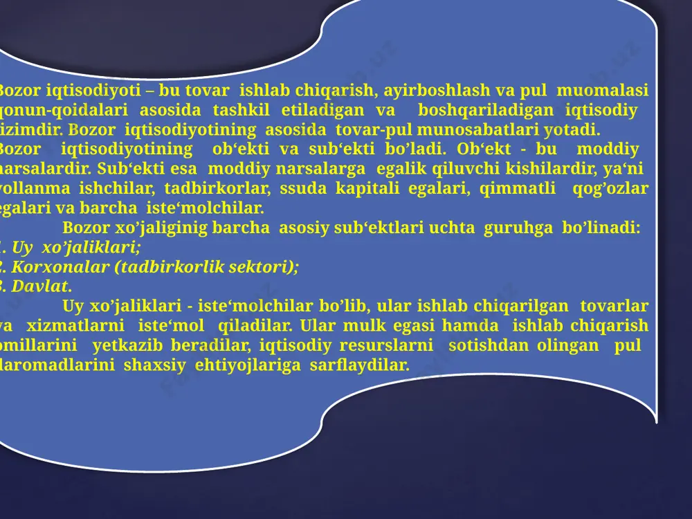 atlantiriladigan texnika taraqqiyoti ham raqobatning zaiflashuviga olib keladi. eng yangi texnologiya: juda katta miqdordagi real kapitaldan foydalanishni; yirik bozorlar bo’lishini; kampleksli, markazlashgan va qatiyan bir butun bo’lib birlashgan bozorning tarkib topishi; boy va i shonchli xom-ashyo manbalarini talab qiladi. bozor tushunchasi, uning vazifalari va turlari bozor tushunchasi bu iqtisodiy kategoriya bo’lib, iqtisodiyot nazariyasida ham, xo’jalik yuritish amaliyotida ham qo’llaniladigan ilmiy-amaliy tushunchadir. “bozor” va “bozor iqtisodiyoti” tushunchalari bir-biridan farq qiladi. bozor jamiyatda bozor iqtisodiyotiga shakllangunga qadar mehnat taqsimotining ro’y berishi atijasida vujudga kelib, ijtimoiy takror ishlab chiqarishning ayirboshlash jarayonini o’z ichiga oladi. bozor iqtisodiyoti esa bozor va bozor munosabatlarining tarixan uzoq davr mobaynida rivojlanishining natijasi sifatida paydo bo’ladi va bozor qonunlari asosida tashkil etiluvchi va faoliyat ko’rsatuvchi iqtisodiy tizimni anglatadi. bozor takror ishlab chiqarishning bitta fazasini, ya‘ni ayirboshlash fazasini o’z ichiga oladi. bozor iqtisodiyoti esa barcha fazalarni - ishlab chiqarish, ayirboshlash, taqsimlash va nihoyat iste‘mol jarayonlarini ham o’z ichiga oladi: bozorning …
