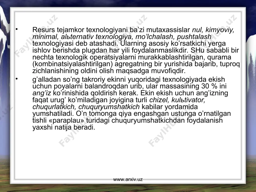 sirtli pona (4- b rasm) ning ishchi yoni av ga har xil balandlikda urunma o’tkazilsa, ular harakat yunalishi v ga turli 1, 2, 3...n burchak bilan engashtirilganligi aniqlanadi. ko’pincha 1 < 2 < 3... qabul qilinsa, egri chiziqli ponaga ko’tarilayotgan qatlam uzluksiz deformatsiyalanib, jadal maydalanadi. bu xususiyati bilan uch yonli pona yassi ponadan tubdan farq qiladi. lekin (4) formulaga binoan, agar o’rtacha q 26° qabul qilinsa, <64° bo’lishini ta’kidlash mumkin (amalda q 50° qabul qilinadi). www.arxiv.uz www.arxiv.uz yassi ponaning tuproq palaxsasiga ta’siri uning harakat yunali­­shiga o’rnatilish tartibiga bog’liqdir. buni tushunish uchun 5- rasmda ko’rsatilgandek, tuproq palaxsasiga ketma-ket uchta yassi ponaning ta’siri tahlil qilinadi. masalan, pona tuproqqa rasmdagidek ishchi av yoni harakat yunalishi v ga (burchagi ostida joylashgan a qalinligidagi tuproq palaxsasiga) ta’sir etsa, uni asosiy yerdan ajratib olib yuqoriga ko’taradi. agar av yoni v ga nisbatan a burchagiga engashtirilgan pona palaxsaga ta’sir etsa (6- b rasm), tuproqni yon tomonga surib …