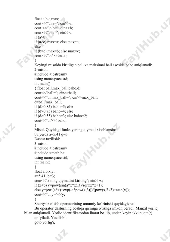 ​ int main() { int age = 24; string name = "mastersherkulov"; string country = "uzbekistan"; } identifikator tanlanganda quyidagilarga ahamiyat berish kerak: iden tifikator lotin harflaridan boshlanishi shart; ikkinchi simvoldan boshlab raqamlardan foydalanish mumkin; c++ da katta kichik harflar farq qiladi. ya’ni quyidagilarning har biri alohida identifikator hisoblanadi: katta, katta, katta, katta, katta, … probel c++ da so’zlarni ajratish uchun ishlatiladi. shuning uchun identifikatorda probeldan foydalanib bo’lmaydi. xizmatchi (int, float, for, while kabi) so’zlardan identifikator sifatida foydalanib bo’lmaydi; eslatma: identifikator tanlashda birinchi belgi sifatida «_» belgisidan foydalanmaslik tavsiya etiladi. билет 2 algoritmni tasvirlash usullari c++ dasturlash tilida qo'llaniladigan asosiy ma'lumotlar turlari va o’zgaruvchilari kompilyator va interpretatorni izohlang c++ sintaksisi va dastur tuzilishi 1. algoritmni tasvirlash usullari algoritmning tasvirlash usullari .yuqorida ko‘rilgan misollarda odatda biz masalani yechish algoritmini so‘zlar va matematik formulalar orqali ifodaladik. lekin algoritm boshqa ko‘rinishlarda ham berilishi mumkin. biz endi algoritmlarning eng ko‘p uchraydigan turlari bilan tanishamiz. …