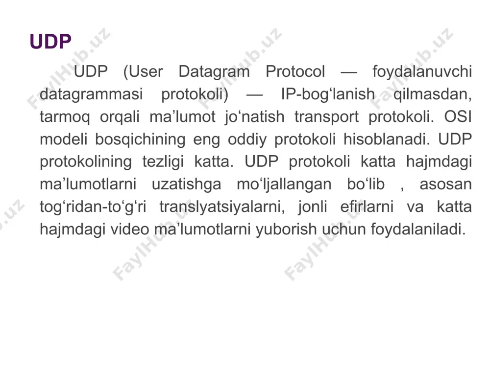 qanday datagram uchun ishlatilishi mumkin amalda telnet, ftp va elektron pochta kabi maxsus maqsadlar uchun taniqli portlar to'plamidan foydalaniladi. masalan, echo ilovasi uchun port 7. mahalliy operatsion tizim jarayonlar uchun portni belgilash va unga kirish uchun interfeysni taqdim etadi. taniqli port raqamlari solaris 2.5 da /etc/services dan ko'chirilgan udp portlari ro'yxati : udp multiplekslash va demultiplekslash yuboruvchi: udp datagrammalarini multiplekslash. udp datagramlari bir nechta amaliy dasturlardan olinadi. udp datagrammalarining yagona ketma-ketligi ip sathiga uzatiladi. qabul qiluvchi: udp datagrammalarini demultiplekslash. ip sathidan olingan udp datagrammalarining yagona ketma-ketligi. qabul qilingan udp datagrammasi tegishli dasturga uzatiladi. udp datagram formati source port(manbaa) - 16 bitli port raqami destination port(manzil)- 16 bitli port raqami length (udp sarlavhasi + ma'lumotlari) - 16 bitli oktetlar soni udp checksum (nazorat summasi) - 16 bitli maydon. agar 0 bo'lsa, nazorat summasi yo'q, aks holda bu psevdo sarlavha + udp ma'lumotlar maydoni ustidan nazorat summasidir tekshirish summasi va psevdo sarlavha …