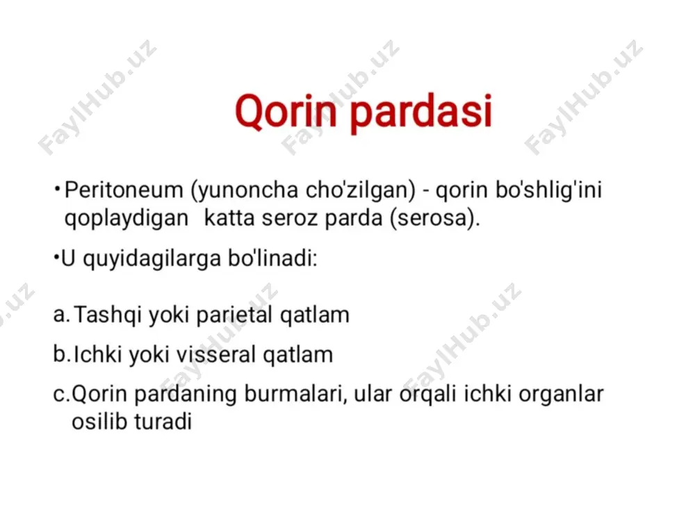ng orqasida joylashganligini va qisman ichki organlar qorin parda bilan qoplanganini bildiradi, masalan, oshqozon osti bezi, ko'tarilgan va tushadigan yo'g'on ichak. peritoneal ligamentlar qorin bo'shlig'i devorlarini ichki organlar bilan bog'laydigan ikkita qorin parda qatlami. falsiform, koronar, o'ng va chap uchburchak ligamentlar omenta oshqozonni boshqa vikus bilan bog'laydigan qorin pardaning ikki qatlami. kichik va katta omenta va gastrosplenik omentum (ligament). mezenteriyalar ingichka ichakni qorin bo'shlig'i devori bilan bog'laydigan ikkita qorin parda qatlami. kattaroq omentum oshqozonning katta egriligini ko'ndalang yo'g'on ichak bilan bog'laydi. u ingichka ichak oldida apron kabi osilib turadi u ko'ndalang yo'g'on ichakka biriktirilishi uchun o'z-o'zidan buklanadi. kichik omentum dyuymli egriligidan pastroqda joylashgan . uning erkin marjasi quyidagilarni o'z ichiga oladi : portal vena: orqa o't yo'llari: old va o'ng hapatik arteriya: old va chap gastrosplenik ligament oshqozonni taloqning hilumiga bog'laydi splenicorenal yoki lienorenal ligament chap buyrakning old qismi bilan taloq tolasini tutashtiradi. epiploik teshik: chegaralari oldingi: kichik omentumning erkin …