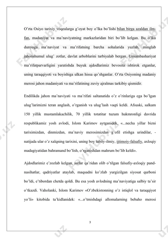 vri xiv-xv asrlarni o’z ichiga olsa, /arb uyg’onish davri xv-xvii asrlarni o’z ichiga olishi bilan farqlanadi. /arb uyg’onish davri uchun feodalizmga, dinga qarshi kurash xos bo’lsa, sharqda masalaning g’arbdagidek keskin qo’yilishini ko’rmaymiz. sharq va /arb uyg’onishi uchun umumiy xususiyatlar antik davrga murojaat qilish, uni qayta tiriltirish, tabiiy fanlar rivoji, fanda universallikni (qomusiylik), gumanizmni targ’ib etish va boshqalarda namoyon bo’ladi. sharq renessansi davri quyidagi umumiy xususiyatlarga ega: 1) madaniyat, dunyoviy fanlar va islom aqidashunoslikgining taraqqiyoti; 2) yunon, rum, fors, hind va boshqa madaniyatlar yutuqlariga suyanish; 3) astranomiya, matematika, minerologiya, jug’rofiya, kimyo va boshqa tabiiy fanlar rivoji; 4) uslubda (metodologiya)- rastionalizm, mantiqning ustunligi; 5) insoniy do’stlik, yuksak axloqiylikning targ’ib etilishi; 6) falsafaning keng darajada rivoj topishi; 7) adabiyot, she’riyat, ritorikaning (notiqlik) keng rivoji; 8) bilimdonlikning qomusiy xarakterda ekanligi. bu davrga kelib, avvalo o’rta osiyo, eron, iroq va suriya ilmu-fan va madaniyatning yirik o’chog’iga aylandi. xorazm, buxoro, xirotda yirik ilmiy markazlar tashkil topdi. …