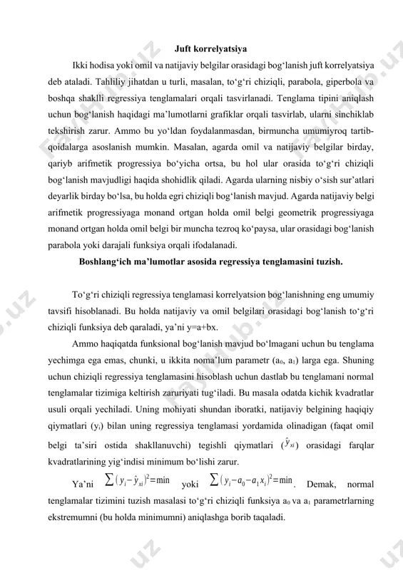 arini hisoblash. xo‘jaliklar 1 ga mineral o‘g‘itlar (shartli birliklarda), s/ga, x paxta hosil-dorligi, s/ga, y x2 y2 y*x hosila ishorasi hosila ishorasi a 1 2 3 4 5 6 7 8 9 1 - 2 - 3 - 4 - 5 - 6 - 7 - 3 3 4 4 5 6 6 25 20 28 30 31 35 33 9 9 16 16 25 36 36 625 400 784 900 961 1225 1089 75 60 112 120 155 210 198 23,65 23,65 27,29 27,29 30,94 34,59 34,59 - - - - + + + - - - + + + + 559,32 559,32 744,44 744,44 957,28 1196,4 1196,4 jami x=31 y=202 x2=147 y2=5984 xy= 930 202 bu ma’lumotlarni (10.1) formulaga qo‘yib, normal chiziqli tenglamalar tizimini ushbu ko‘rinishda yozishimiz mumkin. bundan (10.2) binoan ; (10.3) ga binoan esa . shunday qilib korrelyatsion bog‘lanish regressiyasining to‘g‘ri chiziqli tenglamasi quyidagicha: demak, g‘o‘zaga …