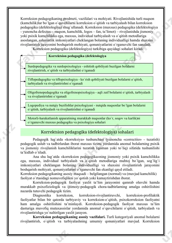 odlariga muhtoj bo`lgan, sog`lig`i imkoniyatlari cheklangan bolaning individualligi va shaxsini rivojlantirish jarayonini boshqarish mohiyati, qonuniyatlarini o`rganuvchi fan ekanligi qayd etiladi. korreksion pedagogikaning asosiy maqsadi – belgilangan (normal) va (mavjud kamchilik) faoliyat o`rtasidagi nomuvofiqlikni yo`qotish yoki kamaytirishdan iborat. korreksion-pedagogik faoliyat yaxlit ta’lim jarayonini qamrab oluvchi hamda murakkab psixofiziologik va ijtimoiy-pedagogik chora-tadbirlarning amalga oshirilishini nazarda tutuvchi pedagogik tizim. diagnostika korreksion, korreksion-rivojlantiruvchi, korreksion-profilaktik faoliyatlar bilan bir qatorda tarbiyaviy va korreksion-o`qitish, psixokorreksion faoliyatni ham amalga oshirilishini ta’minlaydi. korreksion-pedagogik faoliyat maxsus ta’lim dasturiga muvofiq mutaxassislar yordamida anomal o`quvchilarni o`qitish, tarbiyalash va rivojlantirishga yo`naltirilgan yaxlit jarayon. korreksion pedagogikaning asosiy vazifalari. turli kategoriyali anomal bolalarni rivojlantirish, o`qitish va tarbiyalashning umumiy qonuniyatlari mavjud. korreksion pedagogikaning asosini anomal bolalarni har tomonlama, fiziologik va psixologik o`rganish tashkil etib, uning vazifalari sirasiga quyidagilar kiradi: 1) rivojlanishida turli kamchiliklar bo`lgan bolaning nuqsonlarini tuzatish va korreksion-kompensatorli imkoniyatlarini aniqlash; 2) differensatsiyali o`qitish va tarbiyalashni amalga oshirish maqsadida anomal bolalarning muammolarini hal etish; 3) anomal …