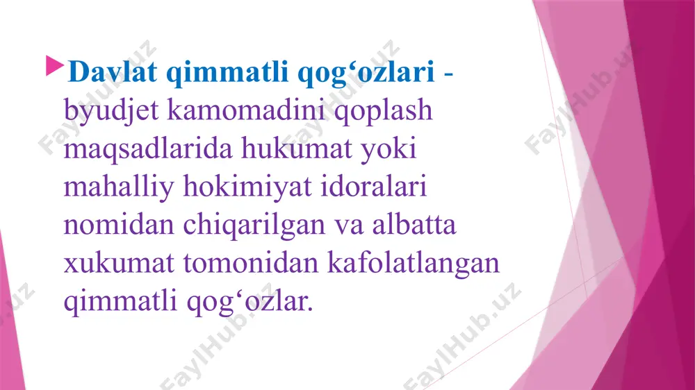 ri miqdordagi moliyaviy resurslar jalb qilish imkonini beradi. odatda yevroobligatsiyalar kamida 3 yilga chiqariladi, eng keng tarqalgan muddat sifatida 5 yillik muddat keltiriladi. dunyoga mashhur kompaniyalar tomonidan muomalaga chiqariladigan yevroobligatsiyalar 15 yildan 30 yilgacha boʻlgan muddat boʻyicha amal qiladi. yevroobligatsiyalarning afzalliklari jalb qilinadigan mablagʻ miqdorining yuqoriligi (muomalaga chiqarishning oʻrtacha qiymati – 300 million aqsh dollari) muomala muddatining uzoqligi (3 yildan – 30 yilgacha) foiz stavkalarining juda pastligi (yillik 5%) taʼminot va garov boʻyicha talablarning mavjud emasligi xalqaro miqyosda kredit tarixi yuzaga kelishi yevroobligatsiyalarning kamchiliklari axborotlarni oshkor etish boʻyicha qarz oluvchiga nisbatan jiddiy talablarning mavjudligi yevroobligatsiya muomalaga chiqarish jarayonining yuqori miqdorda xarajatlar talab qilishi qimmatli qogʻozlarni tayyorlash va joylashtirishning koʻp vaqt talab qilishi (4–6 oy) valyuta riskining yuzaga kelishi va boshqalar davlat moliyaviy siyosati bilan bogʻliq risk bunda yuqorida koʻrib chiqqanimiz yevroobligatsiyalar bilan bir qatorda yevroaksiyalar, yaʼni xalqaro aksiyalar muomalasiga ham eʼtibor qaratilmoqda. aksiyalarning milliy fond birjalari bilan bir vaqtda xalqaro …