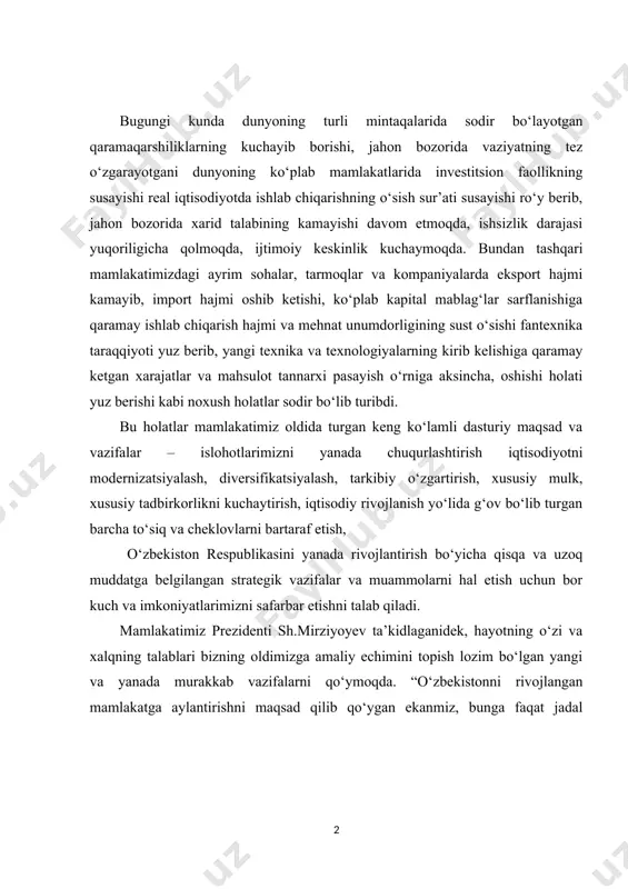 amlakatga aylantirishni maqsad qilib qo‘ygan ekanmiz, bunga faqat jadal islohotlar, ilm-ma’rifat va innovatsiya bilan erisha olamiz” . hayotning o‘zi oldimizga qo‘ygan ushbu murakkkab muammolarni tezroq hal qilish, ularning echimini izlab topish, milliy istiqlol mafkurasining mazmunini va xususiyatlarini chuqurroq tushunish ko‘p jihatdan kishilarning iqtisodiyot sirlarini, ayniqsa, bozor iqtisodiyoti munosabatlarining mazmunini, ularning talablari, ziddiyatli va chalkash xususiyatlarini, qonun-qoidalarini, amalga oshirilayotgan keng ko‘lamli iqtisodiy islohotlarni yanada chuqurlashtirish, iqtisodiyotni erkinlashtirish, tarkibiy o‘zgartirish, modernizatsiyalash va diversifikatsiyalashning, ilm-fanni rivojlantirib, raqamli iqtisodiyotga o‘tishning maqsadi va mohiyatini chuqurroq bilishlariga bog‘liqdir. “iqtisodiyot nazariyasi” fani iqtisodiyot tushunchalarini, uning qonunqoidalarini, tejamli xo‘jalik yuritish sirlarini, turli kishilar va xo‘jaliklarning birbirlari bilan manfaatli iqtisodiy aloqada bo‘lib, unumli mehnat qilish, yangi texnika va texnologiyalarni, innovatsion g‘oyalarni qo‘llab, mehnat unumdorligini oshirish yo‘llarini va shakllarini o‘rgatadi. kurs ishining maqsadi: iqtisodiyotda ishlab chiqarish faoliyatini rivojlantirish masalalari bo‘yicha taklif va tavsiyalar ishlab chiqishdan iborat. kurs ishining vazifalari quyidagilardan iborat: ishlab chiqarishning o‘ziga xos xususiyatlari o’rganish; ishlab chiqarishning iqtisodiy …