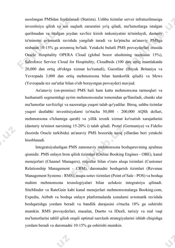 ni ko'rsatadiki, mobil ilovalarni faol qo'llagan mehmonxonalarda mijozlar qoniqish darajasi o'rtacha 12% ga yuqori bo'ladi va xodimlar tomonidan bajariladigan oddiy so'rovlar soni 20% ga kamayadi (accenture). xorijiy tajribadan o'zbekiston mehmonxona sanoati uchun saboqlar o'zbekiston turizm sohasining jadal rivojlanishi, 2024-yilda turizmning yaimdagi ulushi 3.5% ga yetgani (davlat statistika qo'mitasi ma'lumotlari), mehmonxona xo'jaligida zamonaviy boshqaruv tizimlariga bo'lgan ehtiyojni oshirmoqda. xorijiy tajribani o'rganish va eng yaxshi amaliyotlarni joriy etish o'zbekiston mehmonxonalari uchun raqobatbardoshlikni oshirish va xalqaro standartlarga javob beradigan xizmat ko'rsatish darajasiga erishish uchun muhim ahamiyat kasb etadi. o'zbekiston mehmonxona sanoati uchun xorijiy tajribadan olinadigan asosiy saboqlar quyidagilardan iborat. bulutga asoslangan pmsni joriy etish, ayniqsa kichik va o'rta mehmonxonalar uchun, dastlabki investitsiyalarni kamaytirish, boshqaruvni soddalashtirish va ma'lumotlarga mobil kirish imkoniyatini ta'minlaydi. pmsni onlayn bron qilish platformalari, kanal menejerlari va crm tizimlari bilan integratsiya qilish daromadni optimallashtirish, xarajatlarni nazorat qilish va mijozlar bilan samaraliroq munosabatlarni o'rnatishga yordam beradi. mobil ilovalar orqali ro'yxatdan o'tish/chiqish, xizmatlarga …