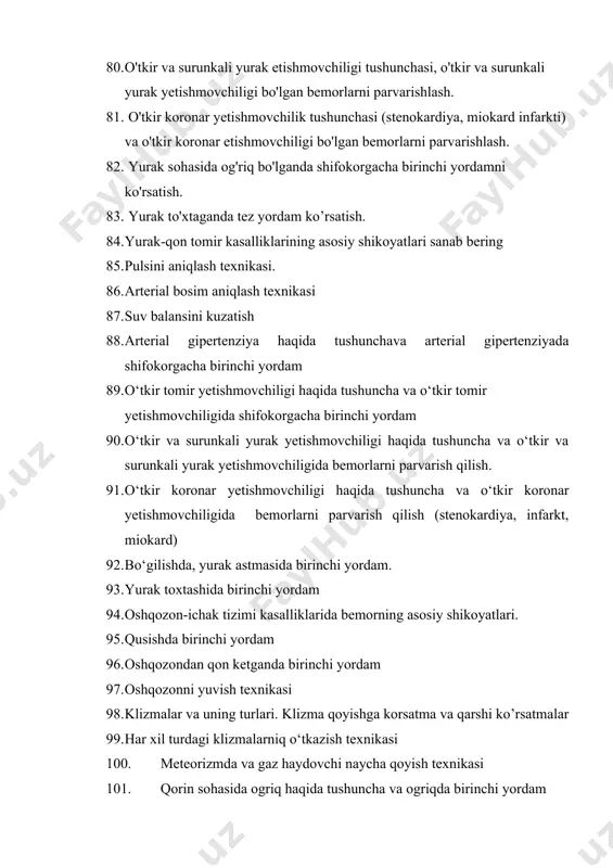 aqida tushuncha va qabziyatda birinchi yordam 106. diareya haqida tushuncha va diareyada birinchi yordam 107. buyrak va siydik-ajratuv tizimi kasalliklarining asosiy shikoyatlari 108. buyrak sanchigida shifokorgacha bo‘lgan birinchi yordam 109. ishuriya haqida tushuncha va ishuriyada birinchi yordam 110. diurez- bu nima? 111. anuriya- bu nima? 112. poliuriya- bu nima? 113. oligouriya- bu nima?