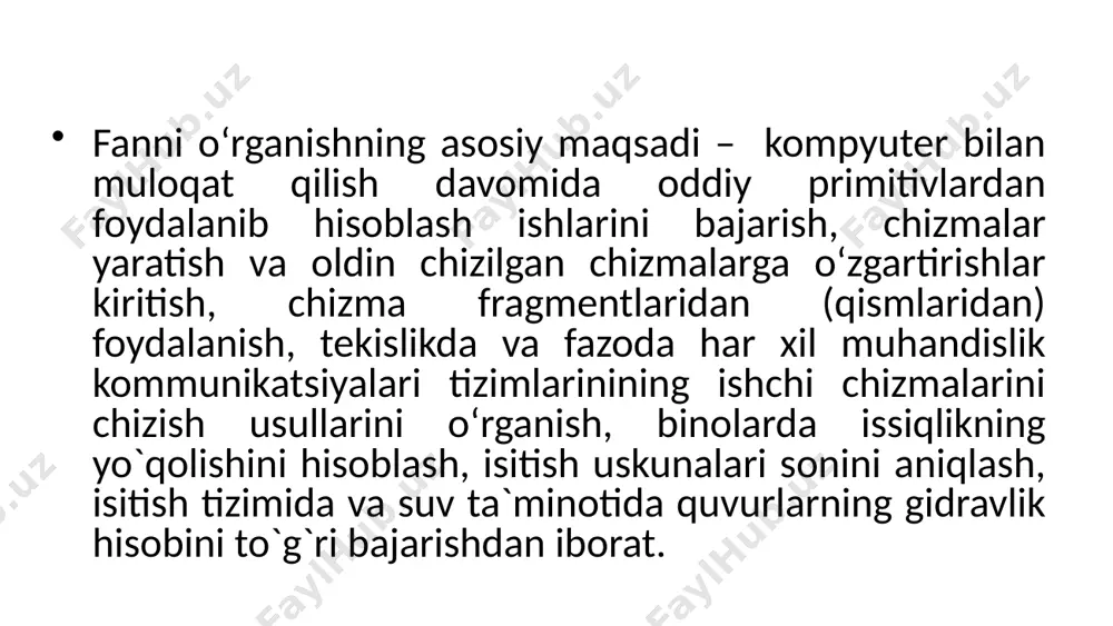 tur nomi asosiy imkoniyatlar afzalliklari kamchiliklari tavsiya qilinadi magicad (revit yoki autocad uchun) - to‘liq mep tizimi: isitish, shamollatish, suv ta’minoti - radiator joylashuvi, quvur diametri, balanslash - autocad/revit bilan integratsiya - ko‘p standartlarga mos - modul ko‘rinishida - pullik - yuqori o‘rganish chizig‘i yirik binolar, bim asosidagi loyihalar herz calcul / imi hyselect - radiator va klapanlarni tanlash - gidravlik hisobotlar - termostat sozlamalari - yengil interfeys - isitish tizimi uchun sozlangan - ishlab chiqaruvchiga moslashtirilgan - faqat o‘sha brendlar uchun to‘liq ishlaydi radiator tizimlarini optimallashtirishda dastur nomi asosiy imkoniyatlar afzalliklari kamchiliklari tavsiya qilinadi coolpack - termodinamik hisoblar - sovutish va energiya analizlari - kompaniya darajasida energiya tahlili - bepul - asosan sovutish uchun mo‘ljallangan sanoat sovutish bilan shug‘ullanuvchilar uchun pipe flow expert - suv oqimlari, bosim yo‘qotishlarini hisoblash - gidravlik sxema chizish - har qanday quvurli tizimga mos - vizuallashtirish kuchli - isitish uchun to‘liq tizim emas gidravlik …