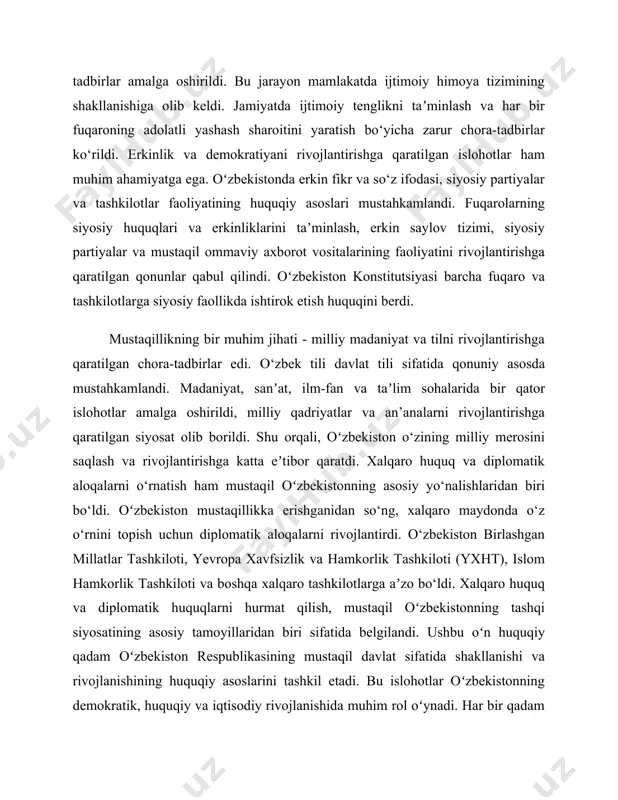likka erishganidan so‘ng, davlatni yangi siyosiy tuzumga, huquqiy va ijtimoiy islohotlarga olib kirgan poydevor sifatida tarixiy ahamiyatga ega. konstitutsiya, jamiyatda demokratik qadriyatlarni mustahkamlash, fuqarolarning huquq va erkinliklarini himoya qilish va davlatni adolatli boshqarish tizimiga yo‘l ochdi. u, birinchi navbatda, davlatni huquqiy, demokratik va sotsial jamiyat sifatida rivojlantirishga qaratilgan huquqiy asos yaratdi. oʻzbekiston respublikasi konstitutsiyasi jamiyatda demokratik islohotlarni amalga oshirishda asosiy huquqiy vosita sifatida o‘zining muhim o‘rnini belgilaydi. konstitutsiya, fuqarolarga siyosiy erkinlik, tenglik, adolat va huquqlarini himoya qilish imkoniyatlarini yaratdi. konstitutsiyada belgilangan tamoyillar asosida, davlatning barcha fuqarolariga teng imkoniyatlar yaratildi, bu esa jamiyatda erkin fikr va fikr almashinuvi, siyosiy muhokamalarni rivojlantirishga olib keldi. o‘z navbatida, fuqarolar siyosiy jarayonlarda faol ishtirok etib, mamlakatdagi o‘zgarishlarni amalga oshirishda ishtirok etish imkoniga ega bo‘ldilar. konstitutsiyaning jamiyatdagi demokratik jarayonda o‘rni, fuqarolik jamiyatini rivojlantirishga xizmat qilganida o‘z ifodasini topdi. fuqarolar o‘z huquqlarini himoya qilish, siyosiy partiyalar tuzish, jamoat tashkilotlari yaratish, saylovlarda qatnashish imkoniyatiga ega bo‘ldilar. shuningdek, konstitutsiya …