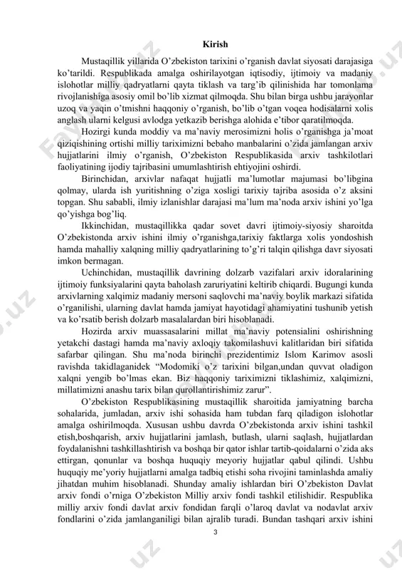 atish borasida qilinayotgan ishlar e’tiborga molikdir. shuningdek, respublika milliy arxiv fondining bo’linmas tarkibiy qismi hisoblangan andijon viloyatidagi davlat arxivlari va uyerda saqlanayotgan fondlar tavsifi,hususan mustaqillik yillarida vakolatli davlat organlari tomonidan ishlab chiqilgan huquqiy meyoriy hujjatlar asosida andijon viloyatidagi arxivlar ishining tashkil etilishi va rivojlantirilishi masalalarini o’rganish arxiv ishi sohasining dolzarb muammolaridan biri hisoblanadi.o’zbek xalqining haqqoniy tarixini tiklashda respublikamiz arxivlarida saqlanayotgan manbalarning ahamiyati kattadir. i. o‘zbekistonda respublikasidagi davlat arxivlarining tashkil topishi. 1.1 namangan viloyati davlat arxivlarining shakilanishi. namanganda arxiv ishi 1936-yilda davlat arxivi bazasi asosida tashkil etilgan. 1941-yili namangan viloyati tashkil etilgach, viloyat davlat arxivi deb qayta nomlangan. 1960-yildan andijon viloyati davlat arxivining namangan shahar filiali sifatida faoliyat yuritgan. 1986-yilga kelib, namangan viloyati davlat arxivi deb qayta nomlangan. arxiv jamg‘armalarida namangan viloyati siyosiy-iqtisodiy, madaniy va ijtimoiy taraqqiyotiga oid sovet hukumati davrini yorituvchi hujjatlar jamlangan. namangan viloyati arxiv jamg‘armalarida sovet hokimiyatining o‘rnatilishi, milliy ozodlik harakati, sotsialistik qurulishning olib borilishi va namangan viloyati, …