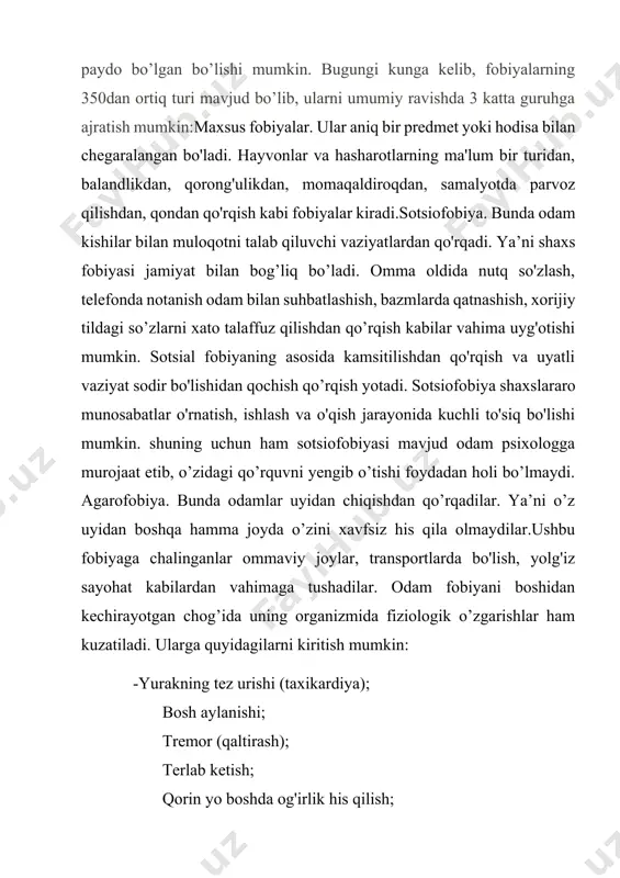or hayvonga nisbatan fobiyasi bor. avval unga o’sha hayvonning suratlari va videolarini ko'rishga o'rgatiladi. keyin uzoqdan turib tomosha qilish malakasi shakllantiriladi. asta-sekinlik bilan shu hayvonga yaqinlashish va undan qo'rqmaslik malakasi hosil qilinadi. boshqa turdagi fobiyalarda ham aynan shu uslubdan foydalaniladi. masalan, omma oldida gapirishdan qo’rqadigan odamga, avval oyna oldida keyin yaqin insonlari qarshisida ma’ruza qilish malakasi shakllantiriladi. sekin-astalik bilan tinglanadigan auditoriya kengaytirib boriladi. shu tariqa bosqichma-bosqich ravishda sotsiofobiyadan xalos etiladi. nazorat savollari: psixolog yig’loqi mijozlar bilan ishlashda nimalarga ahamiyat qaratishi lozim. isterik mijozlarning o’ziga xos xususiyatlarini ayting. kompulsiv xarakterdagi mijozlar haqida nimalarni bilasiz. fobiyaning bugungi kunda keng tarqalgan qanday turlarini bilasiz. fobiyani korreksiya qilishda qanday psixologik metoddan foydalaniladi. alkogolga qaramlik psixologik muammosiga ega mijozlar bilan qanday ishlanadi. qaysi tipdagi mijozlar bilan ishlashda psixolog uning emotsiyalariga u qadar chuqur ahamiyat qaratmasligi lozim. kompulsiv tipdagi mijozni qanday muammolar qiynaydi. tavsiya etilayotgan adabiyotlar ro’yxati: an introduction to consulting psychology: working with individuals, groups, …