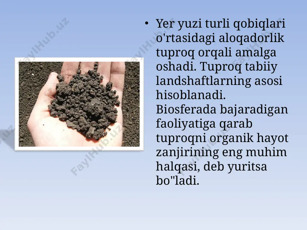 darajasi yuqori. bunday vaziyatning asosiy sabablaridan biri, uzoq vaqt davomida paxta monokulturasi hukumronligidir. oxirgi yillarda paxta maydonlarining kamayishi, almashlab ekishning kengroq joriy qilinishi, mineral o'gitlarni ishlatilishining me'yorlashtirilishi va boshqa tadbirlar tuproqlar holatining yaxshilanishiga olib kelmoqda. o’zbekiston juda ham boy yer resurslarga ega. lekin shu kungacha ulardan samarali foydalanish yaxshi yo'lga qo'yilmagan. respublikada yer va yer resurslaridan foydalanishni tartibga solish maqsadida 1990 yili (jzbekiston respublikasida «yer to’g'risida» gi qonun qabul qilingan. tuproq hosil qiluvchi omillar o’z ta’sirlarining geografik ko’lamiga ko’ra ikki gruppaga bo’linadi keng geografik miqyosda quruqlikning ulkan qismlariga ta’sir ko’rsatuvchi omillar iqlim o’lkaning yoshi organizmlar tuproq paydo qiluvchi jinslar relyef, mikroiqlim va odam faoliyati tuproq mintaqalari o’simlik mintaqalari tuproqlarning suv va issiqlik rejimini belgilaydigan iqlimiy sharoitlar iqlim tuproq paydo bo’lishi va rivojlanishiga iqlimning ahamiyati kattadir. temratura yog’in miqdori va namning bug’lanishi turli yerda turlichadir relyef tuproq paydo bo’lishi protsesiga joyning relyefi ham kuchli ta’sir ko’rsatadi. joyning relyefi tuproq unumdorligiga ham …