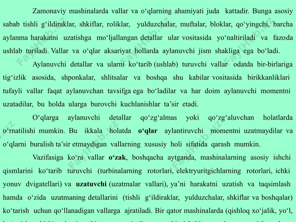 yuqori qattiqlikka ega bo‘lishi kerak. ular uchun sementitlangan 20x, 12xh3a, 18xгt yoki azotlangan 38x2mюa rusumidagi po‘latlar tavsiya etiladi. vallar va o‘qlar uchun material tanlash ularning ishlash sharoitini e’ti­bor­ga olgan holda amalga oshiriladi. vallarning loyihaviy hisobi vallarni loyihaviy hisoblashda odatda burovchi t moment yoki quvvat p, aylanishlar takroriyligi n, balka joylashgan asosiy detallar­ning o‘lchamlari va yuklamasi ma’lum bo‘ladi. mana shularga asosan valning o‘lchamlari va materialini aniqlash lozim bo‘ladi. vallarning mustahkamligi, bikirligi, titrashga bardoshligi hisoblanadi. o‘qlarni hisob­lashga diqqatni jalb qilishga hojat yo‘q, chunki ularni hisob­lash vallarni hisoblashning t=0 bo‘lgandagi hususiy holidir. vallar uchun asosiy yuklama aylantiruvchi m va burovchi t momentlardir, ular ta’sirida eguvchi va burovchi kuchlanishlar hosil bo‘ladi. siquvchi yoki cho‘zuvchi kuchlarning kattaligi kichik bo‘lgani uchun ular hisoblashlarda e’tiborga olinmaydi. valni hisoblash uchun uning tuzilishi taxminiy bo‘lsada aniq bo‘lishi kerak. amalda vallarni loyihaviy hisoblash quyidagi tartibda bajariladi: 1. valning o‘rtacha diametri kichik joiz kuchlanishlarda faqat bura­lishga hisoblash asosida taxminiy baholanadi (hali …