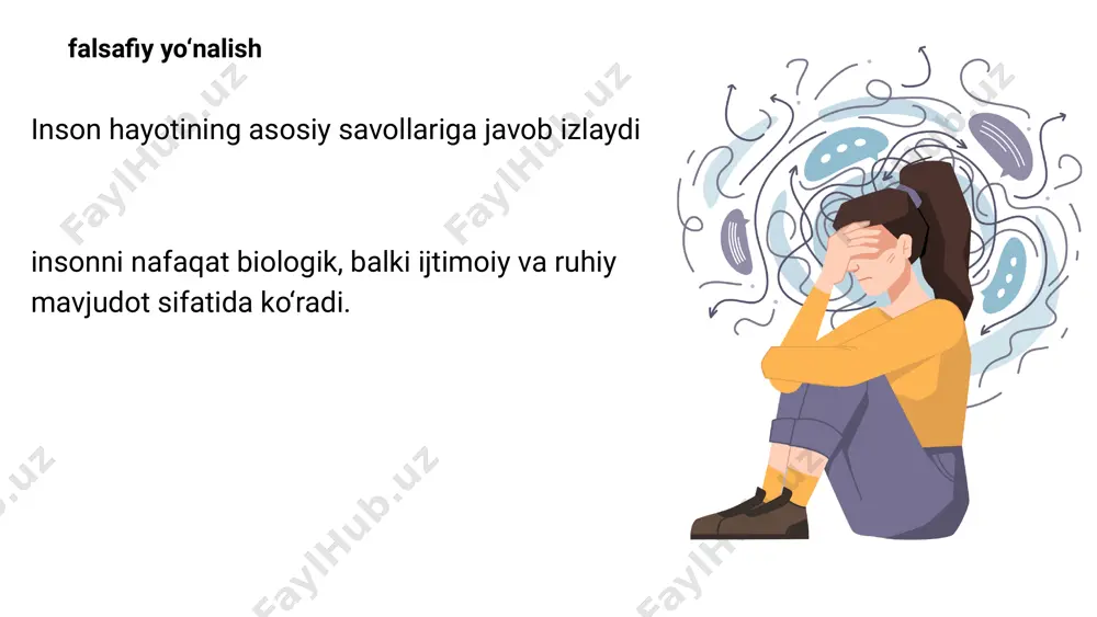 an bog‘liq muammolar; yolg‘izlik va izolyatsiya hissi; o‘z-o‘zini anglash va o‘z hayotini boshqarish bilan bog‘liq qiyinchiliklar; tanlov qilishda va mas'uliyatni qabul qilishda muammolar; psixologik tashvish va o‘z-o‘ziga ishonchsizlik holatlari. ekzistensial psixoterapiyaning qo‘llanilishi viktor frankl avstriyalik nevrolog, psixiatr va psixoterapevt (1905–1997) logoterapiya usuli u inson hayoti ma'nosini topishga asoslangan uning asarlari insonning maqsad izlash ehtiyojini va qiyinchiliklar qarshisida inson ruhining chidamliligini o‘rganishga bag‘ishlangan. erta hayoti va ta'limi viktor emil frankl 1905-yil 26-martda vena shahrida yahudiy oilasida tug‘ilgan. uning otasi davlat xizmatchisi bo‘lgan, onasi esa uy bekasi edi. franklning ilmga qiziqishi yoshlik davrida boshlangan, o‘sha davrda u inson ruhiyati va mavjudlikning mazmuniga oid savollar ustida o‘ylay boshladi. frankl o‘rta maktab davridayoq sigmund freydning psixoanaliziga qiziqib, keyinchalik unga munosib alternativ nazariya yaratishni maqsad qilgan. o‘smirlik davrida frankl zigmunt freyd va alfred adler asarlarini o‘rganadi. u vena universitetida tibbiyot bo‘yicha ta’lim olib, psixiatriya va nevrologiya bo‘yicha mutaxassislikka ixtisoslashadi. logoterapiya va inson hayoti ma'nosi inson …
