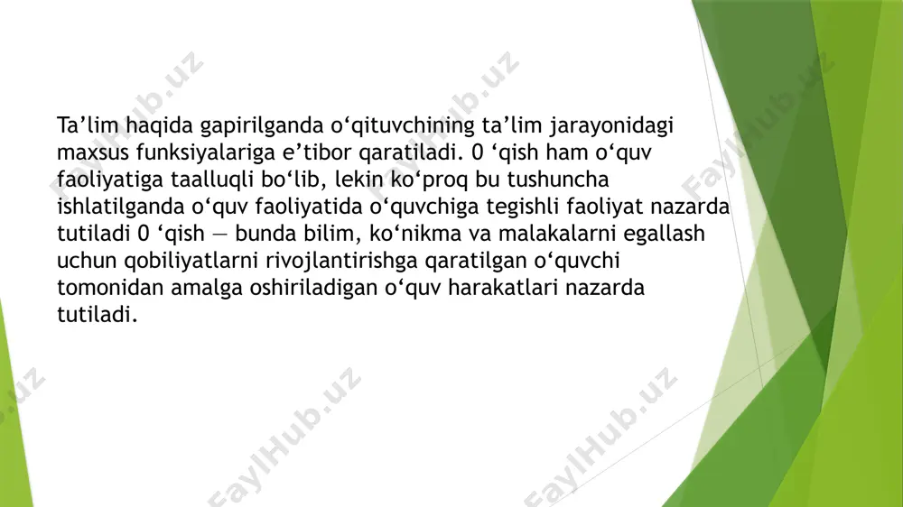 mumkin, ta’lim va o‘qish tushunchalari esa maxsus o‘quv faoliyati bilan bog‘liqdir. ta’lim va o‘qish — har doim ongli jarayonlardir, o‘rganish esa ongsiz darajada ham ro‘y berishi mumkin. ta’lim, o‘qish va o‘rganish orasidagi yana bir farq ma’lumotlarni o‘zlashtirishga tayyorlik turli yosh davrlarida turlicha namoyon bo‘ladi. 0 ‘rganishning elemantar turlari — imprinting, shartli reflektor va operant turlariga - bola tug‘ilishi bilanoq amalda tayyor bo‘ladi. 0 ‘qish bilim, malaka va ko‘nikmalarni o‘zlashtirish uchun ongli, maqsadga yo‘naltirilgan qobiliyat sifatida bolada 4—5 yoshligida namoyon bo‘ladi, mustaqil o‘qishga tayyorlik maktabning birinchi sinflarida, ya’ni 6—7 yosh atrofida vujudga keladi. 0 ‘rganish jarayoni faoliyat sifatida quyidagi o‘quv-intellektual mexanizmlar hisobiga amalga oshadi: assotsiatsiyalarningg shakllanishi taqlid qilish farqlash va umumlashtirish insayt(taxmin) ijod 1-assotsatsiyalarning shakllanishi . bu mexanizm alohida bilimlar orasida yoki tajriba qismlari o`rtasida vaqtinchalik bog`lanishlar o`rnatish asosida yotadi. 2- taqlid qilish . ko`nikma va malakalar shakillanishi uchun asos bo`ladi. 3- farqlash va umumlashtirish . tushunchalar shakillanishi bilan bog`liq. 4. …