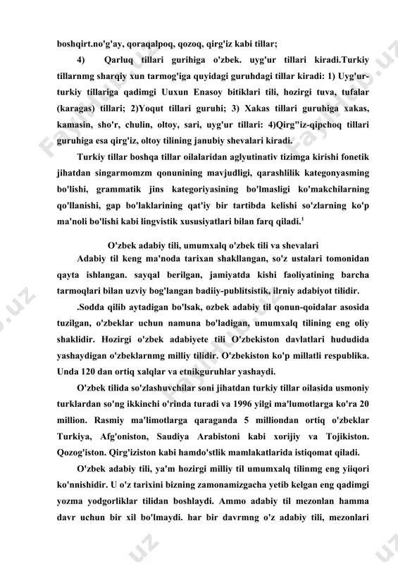 n hamma davr uchun bir xil bo'lmaydi. har bir davrmng o'z adabiy tili, mezonlari bo'ladi. masalan. xv asr navoiy davri eski o'zbek adabiy tilining fonetik, grammatik mezonlari orasida farqlar borligini yaqqol sezib turamiz. shu nuqtai nazardan o'zbek adabiy tili tarixiy taraqqiyoti o.usmonov, a.shcherbak, a.aliyev, g'.abdurahmonov kabi tilshunos olimlar tomomdan quyidagicha tasnif etilgan: 1. qadimgi turkiy adabiy til. v-x asrlar mobaynida amaldabo'lgan va unda qadimiy turkiy yozma (urxun-enasoy) kabiyodgorliklar yaratilgan. 2. eski turkiy adabiy til. xi-xiv asrning yarmigacha yozilganyusuf xos hojib "qutadg'u bilig". ahmad yugnakiy "hibat-ulhaqoyiq". abdulg'oziy bahodirxon "o'g'uznoma", xorazmiy"muhabbatnoma". rabg'uziyning "qissai rabg'uziy" kabi buyukasarlari tilidir. 3. eski adabiy till. xiv-xviii asrlarda rivojlanib, boyibtakomillashgan. shakllangan tildir. bu tilda lutfiy, atoiy, sakkokiy.navoiy, bobur kabi buyuk shoir va yozuvchilar ijod qilgan. 4. yangi o'zbek adabiy tili. bu til xix asrning ikkinchiyarmida shakllandi va unda amir umarxon, nodirabegim.muqimiy. furqat zavqiy kabi shoirlar qalamtebratdilar. ana shudavrdan boshlab matbuot tili paydo bo'ldi. 5. hozirgi o'zbek adabiy …
