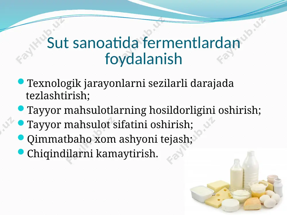 hlatilishi mumkin. ilovatrans glutaminaza protein bilan bog'lanish sut sanoatida tg dan foydalanishning quyidagi afzalliklarini keltirib chiqaradi: oqsil va / yoki stabilizatorlar miqdorini kamaytirish orqali xarajatlarni kamaytirish; jelning viskozitesini / kuchini oshiradi; pastga tushishsinerez, sirtning silliqligiga erishiladi; yaxshilanishqaymoqlilikkam yog'li yogurt to'qimalari. ilovatrans glutaminaza yogurt ishlab chiqarishda quyidagilarga imkon beradi: yaxshilashtuzilishi (ayniqsa, kam yog'li mahsulotlar); yaxshilashqaymoqlimustahkamlik, sirt porlashi va silliqligini berish; kamaytirishsinerez80% gacha; emulsifikatorlar va stabilizatorlarning ulushini kamaytirish quruq moddalarning ulushini kamaytirish; ikki turdagi yogurtlarda (termostat va rezervuar) jelning yopishqoqligi va mustahkamligini oshirish; saqlash vaqtida reologik xususiyatlarni saqlab qolish. yorliqdagi ingredientlar ro'yxatini kamaytiring ilovatrans glutaminaza pishloq ishlab chiqarishda tg dan foydalanish quyidagilarga imkon beradi: zardob oqsilini bog'lash hisobiga tayyor pishloqlar hosildorligini 20% ga oshirish; to'qimalarni yaxshilash (ayniqsa, krem ​​pishloqlar); qo'shimcha oqsillar va boshqa qo'shimchalarning ulushini kamaytirish orqali qayta ishlangan pishloq ishlab chiqarishda ham pulni tejash. ferment ha-laktaza bu ferment nafaqat quyultirilgan sut va boshqa shirin sut mahsulotlarini ishlab chiqarishda, balki muzqaymoq tayyorlashda …