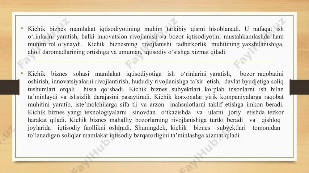 boshqaruv tizimining noto‘g‘ri tashkil etilishi natijasida yuzaga keluvchi muammolardan tarkib topadi. risk tushunchasi - iqtisodiyot, moliya va menejment fanlarida keng tadqiq etilgan bo‘lib, j.m. keyns, f. nayt, g. markovits kabi olimlar risk tushunchasini turlicha izohlab, uning iqtisodiy ahamiyatiga urg‘u berishgan. masalan, f. nayt (1921)tavakkalchilikni noaniqlikdan farqlab, u faqat o‘lchash mumkin bo‘lgan xavf sifatida qaralishini ta’kidlaydi. shu bilan birga, j.m. keyns investitsion risklarning iqtisodiy o‘sishga ta’sirini tahlil qilgan. keyingi yillarda risklarni baholash masalasi yanada kengayib, g. markovitsportfel nazariyasi asosida tavakkalchilikni optimallashtirish bo‘yicha modellarga asos solgan. uning diversifikatsiya tamoyili kichik biznes korxonalarining risklarni kamaytirish strategiyalarini ishlab chiqishda qo‘llaniladi. risklarni baholash jarayoni risklarni aniqlash risklarni tahlil qilish risklarni baholash risklarni boshqarish strategiyalarini ishlab chiqish monitoring va nazorat biznes faoliyatida duch kelinishi mumkin bo‘lgan xavf omillarini aniqlash. xavfning ehtimolligi va uning biznesga ta’sir darajasini o‘rganish aaniqlangan xavflarni ustuvorlik darajasiga qarab tasniflash. xavflarni kamaytirish yoki ularning salbiy ta’sirini minimallashtirish uchun chora-tadbirlarni belgilash risklarni baholash tizimining …