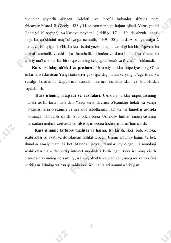 nlik davrida yevropada yangi hududlar zabt etilgan. kosovo maydonida boʻlgan jang (1389)da serblar maglubiyatga uchragach, serbiya usmonli imperiyasiga qoʻshib olindi. sulton boyazid i yildirim bolgariyaning poytaxti tirnovo (1393)ni egallab, nikopol ostonalarida salibchi ritsarlarning birlashgan 60.000 kishilik qoʻshinini maglubiyatga uchratdi (1396) va vizantiyaning poytaxti konstantinopolni qamal qilishga kirishdi. u bolgariya, valaxiya, makedoniya, fessaliyani oʻz davlati tarkibiga kiritdi. biroq, 1402-yilda boʻlgan anqara jangi amir temur qoʻshinidan usmonli imperiyasi ning maglubiyatga uchrashi vizantiya imperiyasini mukarrar halokatdan saqlab qoldi. sulton mahmud i va murod ii hukmronliklari davrida qoʻldan ketgan hududlar qaytarib olingan. adolatli va insofli hukmdor sifatida nom chiqargan murod ii gʻoziy 1422-yil konstantinopolga hujum qiladi. varna yaqini (1444-yil 10-noyabr) va kosovo maydoni (1448-yil 17— 19 dekabr)da chex-mojarlar qoʻshinini magʻlubiyatga uchratib, 1449—50-yillarda albaniya ustiga 2 marta yurish qilgan. murod ii ning oʻgʻli mahmud ii fotih turk qoʻshinlariga shaxsan oʻzi qoʻmondonlik qilib, jahongirlik siyosatini olib borgan. u sharqiy rim imperiyasi — vizantiyaning poytaxti konstantinopolni 40 …
