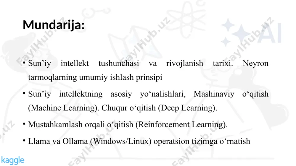 a uch asosiy qatlamdan tashkil topadi: kirish qatlami (input layer) – tashqi ma’lumotlarni qabul qiladi. masalan, raqamli tasvir piksellari yoki sensor o‘lchovlari. yashirin qatlamlar (hidden layers) – kirishdagi signallarni vazn (weight) va faollashtirish funksiyalari yordamida qayta ishlaydi. bu bosqichda tarmoq murakkab xususiyatlarni ajratib oladi. chiqish qatlami (output layer) – yakuniy natijani hosil qiladi. har bir neyron quyidagi bosqichlarni bajaradi: kiruvchi signallarni qabul qiladi va ularga mos vazn koeffitsientlarini qo‘llaydi. vaznli yig'indi hisoblanadi: bu yerda - kirish signali, - mos vazn, - siljish (bias). yig‘indi faollashtirish funksiyasi orqali o‘tkaziladi (sigmoid, relu, tangens giperbolik va boshqalar). bu funksiya neyronning chiqish signalini belgilaydi. o‘qitish jarayoni neyron tarmoqning samarali ishlashi uchun uni o‘qitish (learning) kerak bo‘ladi. o‘qitish jarayoni quyidagicha amalga oshadi: kirish va chiqish juftliklari (ma’lumotlar to‘plami) asosida tarmoqning chiqish natijalari hisoblanadi. natija haqiqiy qiymatlar bilan taqqoslanadi va xato funksiyasi (loss function) aniqlanadi. xato qiymati asosida vaznlar va biaslar orqaga tarqatish algoritmi (backpropagation) yordamida …