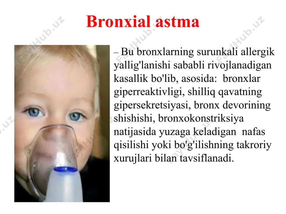 ntlar, viruslar, gistaminlar ta`sirida zararlanadi, bu zararlangan hujayralar yallig`lanish mediatorlari jalb qiladi( bronxlarda pat.o`zgarishlarni keltirib chiqaradi) va sitokinlar ishlab chiqarilishini taminlaydi(ил-8,6;gmc-sf;tnfа). bronxlar epiteliysining himoya funksiyasining buzilishi u yerda joylashgan nerv tolalariga ham ta`sir qiladi: natijada bronxoobstruksiyani kuchayishiga sabab bo`ladi. 2.bronxial giperreaktivlik: bu turli xil ta`sirlovchilarga (allergenlar yoki o'ziga xos bo'lmagan vositalar) yuqori javob bo'lib, ularga sezuvchanlik chegarasining pasayishi bilan tavsiflanadi. ta`sirlovchi vositalarning takroriy ta'sirida giperreaktivlik kuchayadi. bronxlarning yuqori sezuvchanlik: qo'zg'atuvchining eng past dozasi sifatida aniqlanadi, bu nfch 1(офв1) ning 20% ​​ga pasayishiga olib keladi. bronxlarning reaktivligi va sezgirligini oshirishning bevosita sabablari etiologik omillardir: allergenlar, ifloslantiruvchi moddalar, infektsiya va boshqalar. 4. neyroendokrin tizimning patologiyasi: qo'zg'atuvchi (xolinergik, xolinergik bo'lmagan va a-adrenergik tizimlar) va ingibitorlar (b-adrenergik va adrenergik bo'lmagan ingibitir tizimlar) o'rtasidagi muvozanatning buzilishi , xolinergiklarga o'tishi natijada bronxospazmning kelib chiqishi; markaziy asab tizimining perinatal shikastlanishi, bu gipotalamus-gipofiz mintaqasida mikrostrukturaviy o'zgarishlarga olib keladi; ba kelib chiqishini har qanday mexanizmining asosida bronxlar reaktivligini ortishi …