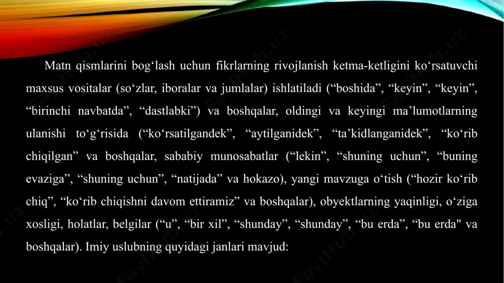 a tasavvur berish, o‘quvchini qiziqtirish. tabiiyki, bu uslubda faktlarni ko‘rsatish aniqligi avvalgilariga qaraganda ancha past, u jurnalistik uslubga yaqinlashadi. o‘quvchini qiziqtirishi uchun, bu uslub matnlarida nafaqat mavzuni ochish uchun zarur bo‘lgan faktlar, balki qiziqarli, ko‘ngilochar, ba’zida hatto isbotlanmagan farazlar ham ko‘rib chiqiladi. boshqa pastki turlarga qaraganda ancha ko‘p misollar bor. bu yerdagi atamalar o‘xshashlik orqali, ya’ni har bir o‘quvchiga tanish bo‘lgan kundalik vaziyatlar orqali tushuntiriladigan haqiqiy ilmiy va ilmiy-ma’rifiy turlarga qaraganda kamroq uchraydi (braun harakati – metroda gavjum paytda olomon). jumlalar hajmi boshqa turlarga qaraganda kamroq. uslubning maqsadi juda aniq bo‘lmagan va batafsil izohlarsiz qo‘shtirnoqlardan foydalanishga imkon berishdir. nutqning asosiy turi – bu hikoya. sarlavha nafaqat kitob mavzusiga nom beradi, balki o‘quvchini qiziqtiradi va qiziqtiradi (“nega biz bir-birimizga o‘xshamaymiz?”). ushbu kichik uslubning xususiyatlari orasida hissiy so‘zlar, taqqoslashlar, metafora, epitetlar, so‘roq va undov gaplardan foydalanish bor. ilmiy uslub – adabiy tilning fan sohasiga xizmat qiladigan funktsional uslublaridan biri. ilmiy nutqda xabarning …