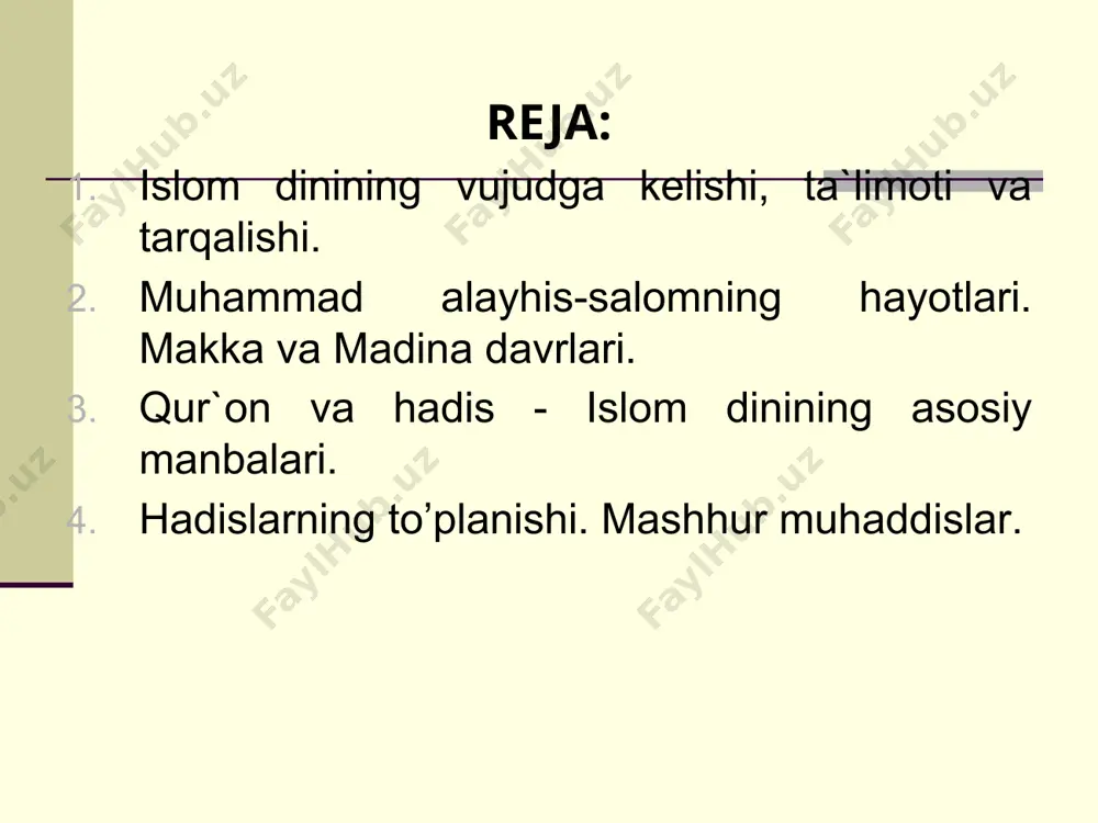 bo’lsа, u kа`bаgа shunchа nusxаdа qo’yilgаn bo’lishi mumkin. ibn аl-kаlbiyning аrаb ko’pxudоligigа bаg’ishlаngаn «kitоb аl-аsnоm» аsаridа tilgа оlingаn dаtlаbki 5 sаnаmning nоmi (vаdd, suvо, yag’us, yauq, nаsr) qur`оndа hаm zikr qilingаn (nuh 22-23-оyatlаr). ulаrning tаsviri ko’pchilikkа mа`lum edi. muhammad alayhissalom – islom dinining payg‘ambari. muhammad alayhissalom – islom dinining payg‘ambari. u arabiston tarixidagi «fil voqeasi» nomi bilan mashhur jangdan 50 kun keyin tavallud topdilar. ko‘plab tarixchilarning fikricha, muhammad alayhissalomning tavallud topishlari milodiy 571-yil 21-aprel kuniga to‘g‘ri keladi. payg‘ambarning tug‘ilishlari paytida turli mo‘jizalar ro‘y berdi. ushbu hodisalar haqida ko‘plab tarixchilar o‘zlarining asarlarida rivoyat qilganlar. payg‘ambar alayhissalomning onalari homilador bo‘lganida tushida «sen butun insonlarning ulug‘iga homilador bo‘lding, u dunyoga kelgach, ismini muhammad qo‘ygin» degan ovoz eshitdi. shunga ko‘ra tug‘ilgan paytlarida bobolari muhammad «g‘oyat maqtovli» deb ism qo‘ydilar. yoshlik chog‘larida ikki marta shomga, bir marta yamanga karvon bilan safarga chiqqanlar. birinchi marta 12 yoshlarida, ikkinchi marta 25 yoshlarida shomga, 17 yoshlarida yamanga safar …