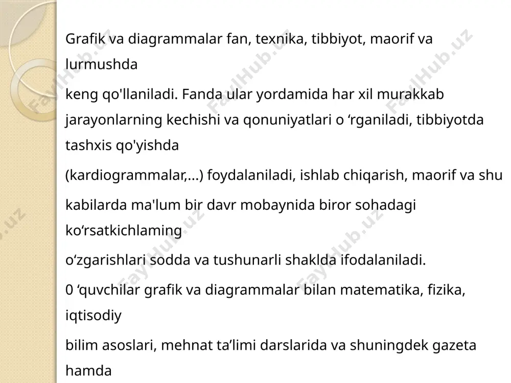 otgan jarayon yoki qonuniyatdagi kattaliklar o ‘rtasidagi boglanishlarni ochib berishga xizmat qiladi. ularda mavzuga aloqasi bolmagan, o‘quvchining diqqatini chalg‘itadigan hech qanday ortiqcha grafik tasvir yoki yozuv bo‘lmasligi kerak. reklama maqsadlari uchun jamoat joylarida, matbuot va televideniyada foydaianishga mo‘ljallangan grafik va diagrammalarni tayyorlashga birmuncha boshqacharoq talablar qo‘yiladi. birinchi navbatda ular ko‘plab axborot vositalari orasida o ‘zining grafik yechimi, ranglar uyg'unligi va bezaklarining originalligi bilan ajralib turib, kishilar e ’tiborini o‘ziga jalb qilishi kerak. ikkinchidan, unda uzatilayotgan axborot hajmi (ma’lumot) ortiqcha ko‘p bo‘lmasdan, sodda va hamma uchun tushunarli bolishi zarur. ushbu talablami bajarish uchun avvalambor kishilami qiziqtiradigan, shu kun uchun dolzarb bo‘lgan mavzu tanianib, o ‘zaro bog‘liq bo’lgan statistik ma’lutnotlar olinadi. olingan ma’lumotlar asosida grafik va diagrammalar bajarilib, orqa fon uchun axborot mazmunini ochib beradigan grafik tasvir (fotomontaj, rasm, chizma,...) bajariladi. 138-140 -shakllarda ommabop mazmunlarda tayyorlangan grafik va diagrammalarga misollar keltirilgan. ta’lim tizimi (umumta’lim maktablari, akademik litsey, kasb-hunar kollejlari,...)da badiiy bezakli grafik …