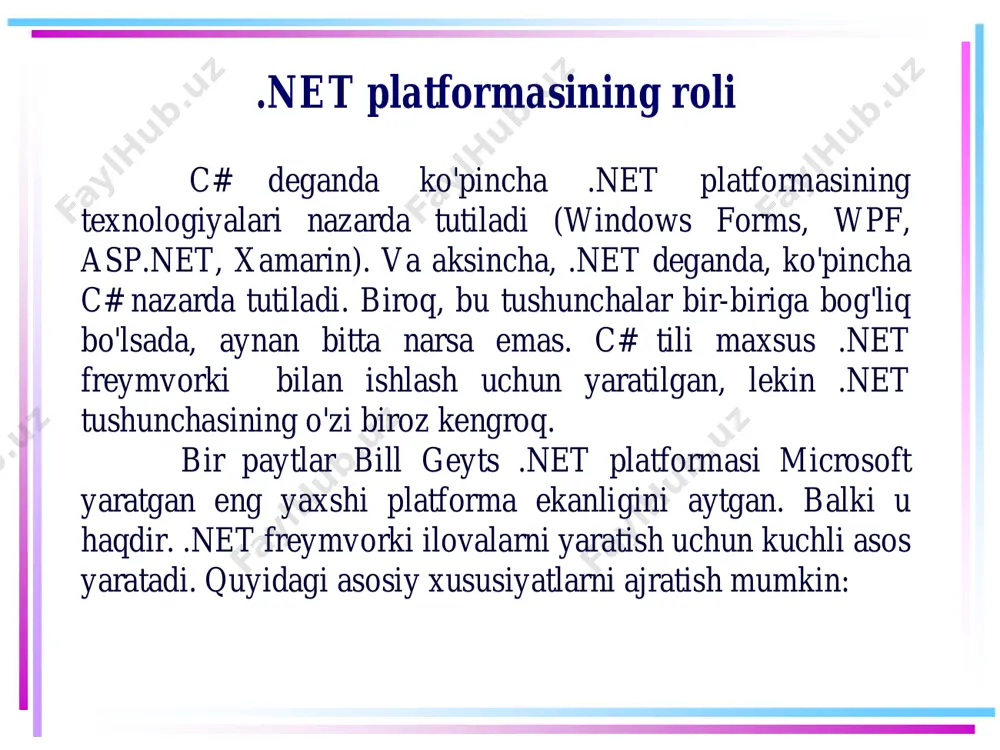 worki kerak. dastur kodini yozishni osonlashtirish, shuningdek testlash va otladka qilish uchun odatda maxsus ishlab chiqilgan muhit, xususan, visual studio ishlatiladi. начало работы. visual studio c#da ilovalar yaratish uchun biz bepul visual studio community 2019 yoki visual studio 2017 yoki visual studio 2013 muhitidan foydalanamiz. начало работы. visual studio visual studio muhitini o'rnatganingiz bilan, dasturiy ta'minotni ishlab chiqish uchun zarur bo'lgan barcha vositalar kompyuteringizga o'rnatiladi, jumladan .net 5 ham. o'rnatish tugagandan so'ng, birinchi dasturni yaratishimiz mumkin bo’ladi. dastlab, visual studio dasturini ochamiz. boshlang'ich ekranda create a new project (yangi loyiha yaratish) tanlanadi. начало работы. visual studio keyingi oynada, loyiha turi sifatida console application tanlanadi, ya'ni biz c# konsol ilovasini yaratamiz. начало работы. visual studio keyin project name maydoniga qandaydir nom beramiz – bu biz yratmoqchi bo’lgan loyihaning nomidir. masalan loyihaga helloapp deb nom beramiz, loyihamiz joylashadigan joyni ko’rsatamiz. начало работы. visual studio keyingi oynada visual studio bizdan loyiha uchun ishlatiladigan …