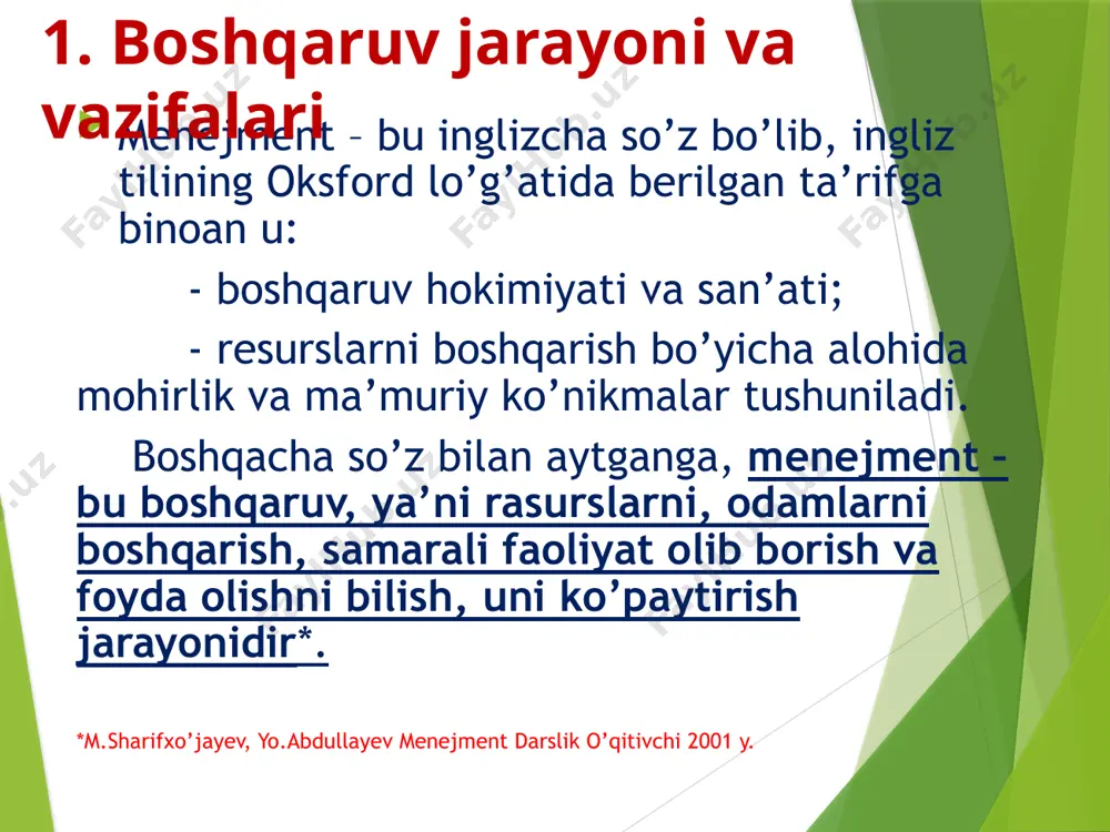 hish uchun shakllantirish va foydalanish bo‘yicha uzluksiz, izchil bajariladigan, o‘zaro bog‘langan harakatlari majmuasidir. bu harakatlarni boshqaruv vazifalari deb ataydilar. boshqaruv vazifalari - boshqaruv faoliyatining nisbatan mustaqil, ixtisoslashtirilgan va ajratilgan turlaridir. 2. boshqaruv funksiyalari (vazifalari) boshqarish jarayonida quyidagi asosiy funksiyalar amalga oshiriladi: rejalashtirish, tashkil qilish, muofiqlashtirish, motivlashtirish va nazorat. boshqarish funksiyalari rejalashtirish tashkil qilish motivlashtirish nazorat qilish muvofiqlashtirish rejalashtirish rejalashtirish tashkilotning maqsadi qanday bo‘lishi, bu maqsadga erishish uchun uning a’zolari nima qilishini belgilashni ko‘zda tutadi. reja – tashkilotning kelajakdagi holatining murakkab ijtimoiy-iqtisodiy modelini tasvirlaydi. maqsad maqsad — bu yakuniy holat yoki mehnat jamoasi intilayotgan natijadir. tashkilot maqsadi - tashkilotni muvaffaqiyatga erishish vositasidir. tashkilot doimo mehnat jamoasining barcha a’zolari erishishga intilayotgan bir umumiy maqsadga ega lozim. bir necha o‘zaro bog‘liq maqsadlarga ega bo‘lgan tashkilot — mukammal tashkilot deyiladi. tashkil qilish tashkil qilish funksiyasi boshqaruv obyekti doirasida barcha boshqariluvchi va boshqaruvchi jarayonlarning uyushqoqligini ta’minlaydi. motivatsiya motivlashtirish — ruhiy omil bo‘lib, kishilar harakatiga maqsad …