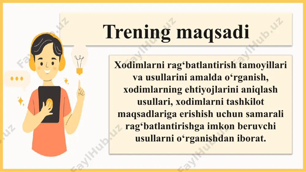 g paydo boʻlishi ehtiyojlarni qondirish stratyegiyasini ishlab chiqish va yoʻllarini qidirish faoliyat taktikasini belgilash va harakatlarni bosqichma-bosqich amalga oshirish ehtiyojning qondirilishi va moddiy yoki maʼnaviy mukofot olish. motivatsiya borasidagi zamonaviy muammolar. 01 02 03 ishchi kuchi tarkibidagi o‘zgarishlar ishchi kuchi kеksayishi ishchi kuchi tarkibida ayollar madaniy tafovutlar ? xodimlarning motivatsiyasini shakllantirishdagi to‘siqlar “biz qattiq mehnat uchun qo'shimcha maosh olmaymiz”; “biz har doim shunday harakat qilganmiz”; “boshliqlarimiz nima qilayotganimizni hech narsani tushunishmaydi”; “mening ish tavsifimda bu haqda bir og‘iz so‘z aytilmagan”; “men ishdan bo‘shatmaslik uchun qancha kerak bo‘lsa, shuni qilaman." xodimlarni rag‘batlantirishning uslublari. ishni tashkil qilish. maqsadlarni belgilash. xodim uchun eng muhim qadriyatlarga murojaat qilish. baholash va nazorat qilish. axborot. boshqaruv amaliyoti. intizomiy ta’sir qilish choralari xodimlarni rag‘batlantirish turlari. moddiy rag‘batlantirish. ma’naviy rag‘batlantirish nomoddiy rag‘batlantirish motivatsiyaning nomoddiy usullari maqsad - ishga qiziqishni oshirish tashkiliy xodimlarning tashkilot ishlarida ishtirok etishi ijtimoiy-psixologik xodimlarning xizmatlarini jamoatchilik tomonidan tan olinishi menejerlarning eng yaxshi xodimlarning ish …