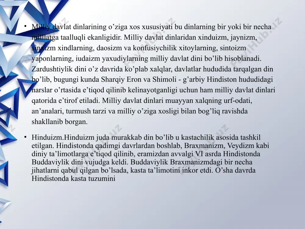 asida asosiy oqim sifatida tridandinalar (uch tayoqlilar) va smartlar ( smriti- haqqoniy rivoyat) oqimlari e’tirof etilgan. tridandinalarning markazi varanasi bo’lib, unda tarkidunyochilikda hayot kechiradilar. . smartlarning bir qismi rohiblikda, yana bir qismi- dunyoviylik holatida yashaydilar. ushbu oqimlarning har ikkalasi ham faqat braxmanlarni o’z saflariga qabul qiladi. dandilar, ya’ni zohidlar diniy oqimga kirayotgan paytda oyoqlarining pastki qismidan qon chiqaradilar.dandilar o’lganlarni yerga dafn qiladilar yoki muqaddas daryolardan biriga topshiradilar.shivaizmda lingachilar degan oqim ham mavjud bo’lib, ular bo’yinlariga linga osib yuradilar, ibodat paytida esa uni chap qo’llarida tutib turadilar. shivaizmdagi shaktra yoki shakta oqimida hayvon yoki odamlarni qurbon qilish an’anasi mavjud.yoglar esa shivaizmdagi tarkidunyochilik yo’nalishi bo’lib, ular uzoq vaqt nafas olmay o’zlaridan ketadilar, bu vaqtda ular shiva bilan yolg’iz qoladilar.yoglar jismoniy mashqlar yordamida o’z ruhlarini poklab hattoki o’z tanalaridagi a’zolarini boshqarish imkoniyatiga ega bo’ladilar.yogo’z yurak urishini tezlashtirishi yoki sekinlashtirishi, odamlar oldida havoga ko’tarilishi mumkin.hindiston xalqi orasida shivaning 1008 ta nomi bor. vishnu hindistondagi …