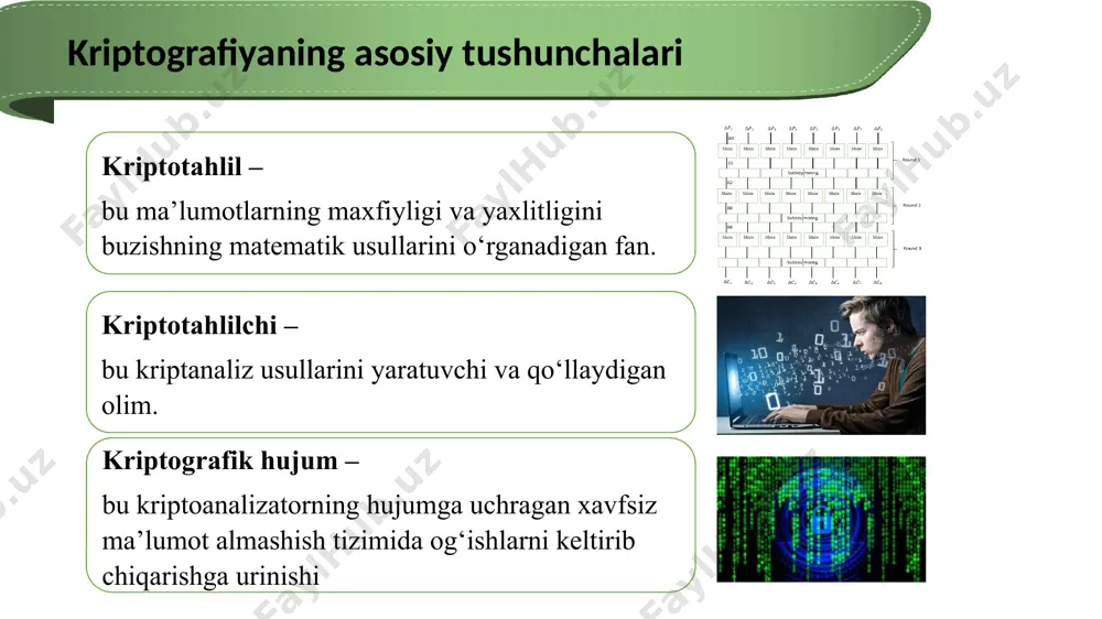 damida kodlangan xat. birinchi va ikkinchi jahon urushi vaqtida kriptografiya birinchi jahon urushidan oldin rossiya fransiya bilan birga davlat darajasida kriptonaliz sohasida yetakchi bo'lgan. angliya, aqsh, germaniya va unchalik nufuzli davlatlarda shifrni ochish xizmati umuman bo'lmagan. birinchi jahon urushi davrida kriptografiya va kriptonaliz urush qurollaridan biriga aylandi. radioaloqani ushlab turish uchun maxsus tinglash stantsiyalari qurildi, buning natijasida rus floti dushmanning tarkibi va harakatlaridan xabardor edi. buyuk britaniyaning admiralitetida xabarlarning parolini ochish uchun maxsus bo'linma ("40-xona") tashkil etildi, bu urush paytida 15 mingga yaqin xabarni parolini hal qildi. ushbu natija dogger bank jangi va yutland jangida muhim rol o'ynadi zimmermanning telegrammasining fotonusxasi ikkinchi jahon urushi boshlanishidan oldin, yetakchi jahon kuchlari elektromexanik shifrlash moslamalariga ega edilar, ularning natijasi ochilmagan deb hisoblanardi. ushbu qurilmalar ikki turga bo'lingan - rotatsion mashinalar va fonar disklaridagi mashinalar. birinchi turga germaniya va uning ittifoqchilari quruqlik kuchlari foydalanadigan "enigma" kiradi, ikkinchisi - amerikaning m-209 sidir . lorets nemis …