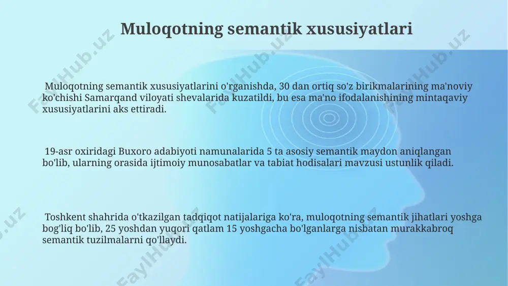 lilik darajasi sezilarli darajada oshadi. tana tili, mimika va proksemika kabi nonverbal vositalar muloqot jarayonida 60-90% gacha axborot yetkazishda ishtirok etadi, bu esa so'zlarning ahamiyatini kamaytiradi. muloqotning interaktiv jihatlari onlayn muloqotda, masalan, zoom yoki skype platformalarida, 20 dan ortiq ishtirokchilar bilan interaktivlikni saqlash uchun, moderatsiya va maxsus texnologiyalar, jumladan, real vaqtda so'rovnomalar, qoidalarga rioya qilish muhimdir. samarqanddagi universitetda o'tkazilgan eksperiment shuni ko'rsatdiki, interaktiv muloqotda ishtirokchilar sonining 5 dan 10 gacha oshishi muloqot samaradorligini 2 barobarga oshiradi, ammo 15 kishidan oshganda, samaradorlik pasayadi. muloqotning interaktiv jihatlari, masalan, 2 kishilik suhbatda, gapiruvchining fikrlarini 70% dan ortiq darajada tinglovchi qabul qilishi va 30% g'oyalarni shakllantirishga o'z hissasini qo'shishi tokioda o'tkazilgan tadqiqotlar natijasida aniqlangan. e'tiboringiz uchun rahmat @taqdimot_robot image1.png