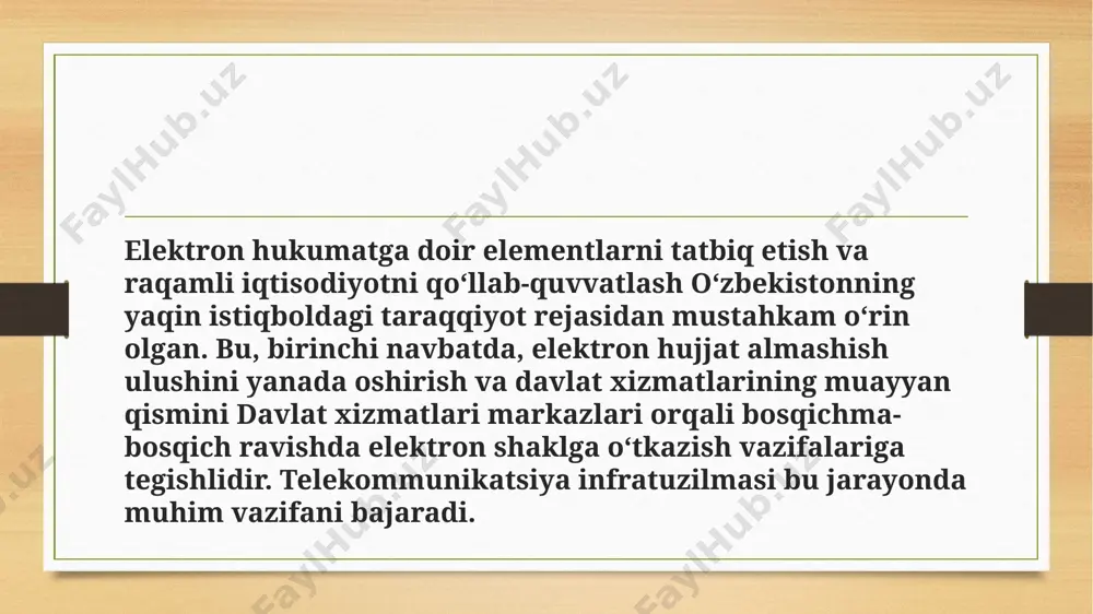 ob-kitoblari binoan, tezkor internet foydalanuvchilarining 10 foizga ko‘payishi yillik yaim ko‘lamini 0,4 foizdan 1,4 foizgacha oshirishi mumkin ekan. shuningdek, raqamli iqtisodiyotning mamlakat yaimdagi ulushi har yili taxminan 20 foizga o‘sishi (rivojlangan mamlakatlarda bu ko‘rsatkich 7 foiz atrofida) uning ahamiyati belgilaydigan ko‘rsatkich sifatida qaraladi. 2010 yilda boston consulting group kompaniyasi raqamlashtirish ko‘lamini 20ta mamlakatdan iborat guruh uchun 2,3 trillion dollarga (4,1 foiz yaim) baholagan. agar bu tendensiya saqlanib qolsa, 10-15 yildan keyin bunday iqtisodiyotning jahon yaimidagi ulushi 30-40 foizga yaqinlashadi. rivojlanayotgan iqtisodiyotlarda it sohasida taxminan 1 foiz aholi mehnat qiladi, ushbu sektor ish o‘rinlarini boshqalarga solishtirganda nisbatan qamroq yaratadi. biroq it yo‘nalishining yuksalishi yangi texnologiyalarni o‘zlashtirayotgan boshqa sohalarda ish o‘rinlarining yaratilishiga turtki beradi (it sohasida yaratilgan har 1ta yangi ish o‘rni uchun yondosh sohalarda 4,9ta ish o‘rni to‘g‘ri keladi). image7.jpeg image8.jpeg image9.jpeg image10.jpeg image11.jpeg image3.png image4.png