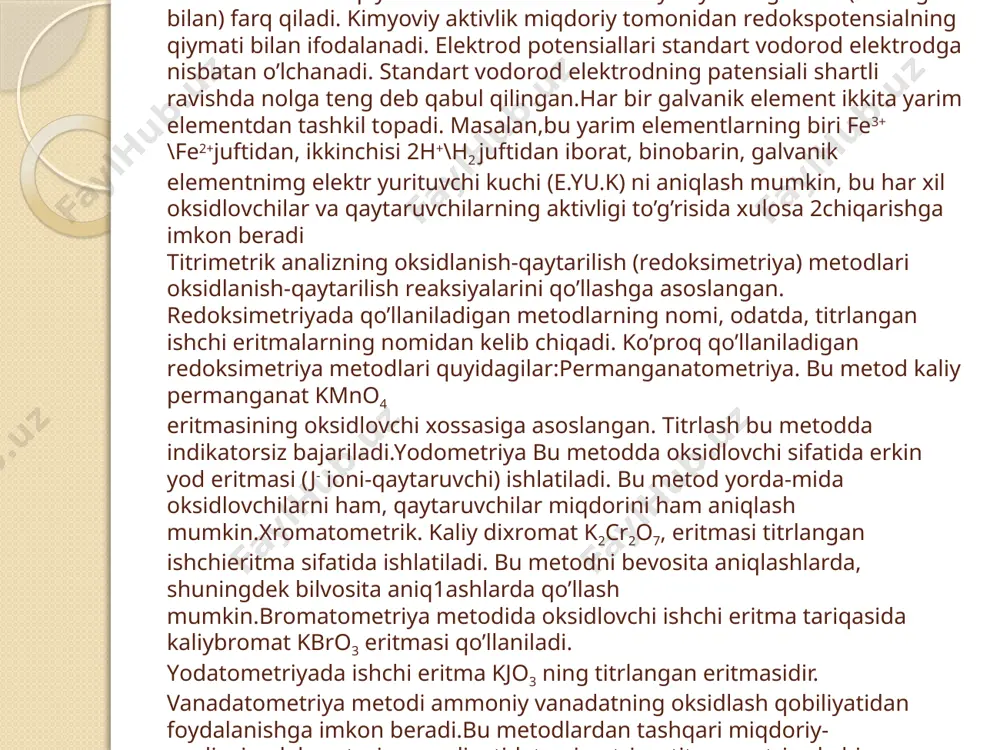 hilar,elektron beradigan moddalar esa qaytaruvchilar deb ataladi.oksidlovchi reaksiya vaqtida oksidlanadigan moddadan elektronni tortib olib,oʻzi qaytariladi,qaytaruvchi esa elektronlar yoʻqotib, oʻzi oksidlanadi. har qanday oksidlanish qaytarilishsiz boʻla olmaydi, chunki kimyoviy reaksiyada atomlar oksidlanish dara-jasi (p)ning yigʻindisi doimiydir. n2+s12=2ns1 reaksiyasida p (n) 0 dan + 1 gacha oʻzgaradi, binobarin, vodorod (n) oksidlanadi; p(s1) 0 dan — 1 gacha oʻzgaradi, binobarin, xlor s1 qaytariladi. o.-q. jarayoni keng tarqalgan kimyoviy reaksiyalar jumlasiga kiradi, uning tabiatda va texnikada ahamiyati katta. barcha turdagi yoqilgʻilarning yonishi, turli metallarning rudalardan ajratib olinishi o.-q.r. jarayoniga asoslangan. metallarning korroziyaga uchrashi, koʻpgina muhim kimyoviy mahsulotlarning hosil boʻlishi ularning oksidlanishi tufaylidir. elektr-kimyo sanoati o.-q.r.ga asoslangan. mis, nikel, oltin, rux va boshqa eritmalardan elektrolitik qaytarilish yoʻli bilan olinadi yoki tozalanadi. kimyoviy tok manbalari — akkumulyatorlar va galvanik elementlar o.-q.r. tufayli ishlaydi va h.k rеdоksi-indikatоrlar оksidimеtrik titrlashning turli usullarida ishlatiladi, shuning uchun ular analitik kimyo amaliyotida muhim rоl o’ynaydi. ishlatiladigan indikatоrlar quyidagi talablarga javоb bеrishi …