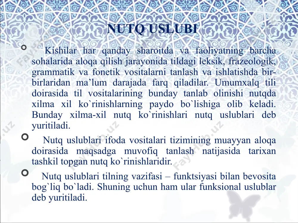 sirchan notiqlik, mantiqiy salobat, tashviqot va targ`ibot kabi xususiyatlar mavjud bo`ladi. 14 badiiy uslub badiiy nutq uslubi inson amaliy faoliyati va hayotining hamma tomonlarini qamrab olishi: umumga taalluqligi, barcha barobarligi bilan xarakterlanadi. badiiy nutq uslubi juda xilma-xil ko`rinishlarda namoyon bo`ladi. bu uslub muallifga asarning estetik ta’sirini kuchaytirish uchun tilning barcha leksik va grammatik vositalaridan ustalik bilan foydalanish, tanlash, shuningdek, yangidan-yangi, ifoda vositalari yaratish imkonini beradi. badiiy nutq uslubida til obraz, xarakter va manzaralar yaratish vositasi bo`lib xizmat qiladi. bu uslub o`zining obrazliligi bilan adabiy boshqa funktsional uslublaridan ajralib turadi. foydalanilgan adabiyotlar 1. aminov m, madvaliyeva a, mahkamov n. ish yuritish-toshkent: o’zbekiston milliy ensiklopediyasi. davlat ilmiy nashriyoti 2. begmatov e, hozirgi o’zbek adabiy tilining leksik qatlamlari-toshkent: fan 3. mahmudov n. o’qituvchi nutqi madaniyati, 2-nashri-toshkent a.navoiy nomidagi o’zbekiston milliy kutubxonasi nashriyoti, 2009 yil 4. maxmudov n. tilimizning tilla sandig’i-toshkent g’.g’ulom nomidagi nashriyot-matbaa ijodiy uyi, 2015 yil. 5. mahmudov n, xudoyberganova d. o’zbek …