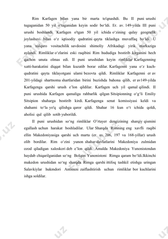 bor kuchlarini ishga soldilar. rim respublikasida ijtimoiy-siyosiy kurash. bu vaqtda makedon podshosi persey rimga qarshi ittifoqni tashkil etishga urinib ko‘rdi. rim qo‘shinlari makedoniyani yengdi va bosib olingan hududlarda makedoniya provinsiyasi tashkil topdi. tez orada yunonistonga rimliklar zulmiga qarshi harakat boshlandi. rimliklar bu harakatni shafqatsiz bostirdilar va er. av.146-yilda korinf shahrini vayron qildilar va yunonistonda axey provinsiyasini taslikil qildilar. er av133-yil kichik osiyoda pergam podshosi vafot etib, o‘z podsholigini rimga vasiyat qildi. rimliklar bu yerda yana bir osiyo provinsiyasini tashkil qildilar. rim iqtisodiyoti. klassik qulchilik munosabatlaririm-italiya xo'jaligida klassik qulchilik munosabatlarini kirib kelishi chuqur o‘zgarishlaiga olib keldi. qishloq xo‘jalik rivojlanishida o‘sish boshlandi. uzumchilik, zaytun daraxtlari o‘stirish, bog‘dorchilik-sabzavotchilik rivojlandi. yunoniston kichik osiyo va afrikadan ,uzumning yangi navlari, mevali daraxtlar keltirildi, qishloq xo‘jalik mehnat qurollari turlari ko‘paydi. g‘allachilik takomillashdi, sifatli bug‘doy ekilib, hosildorlik o‘sdi. yerlarga ishlov berish, o‘g‘itlash va boshqa agrotexnika qoidalariga rioya qilina boshlandi. chorvachilikda ham muhim o'zgarishlar yuz berdi. chorvachilik va parrandachilik …