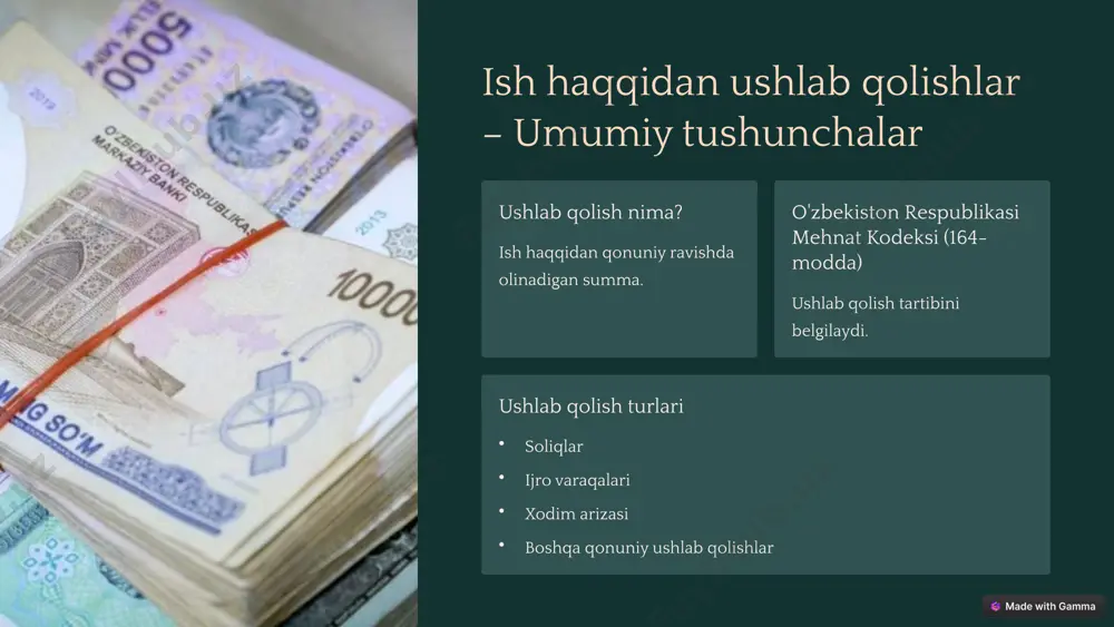 k masalalar 1 qonunchilik o'zgarishlarni kuzatish. 2 buxgalteriya dasturlardan foydalanish. 3 xodimlar tushuntirish ishlari. 4 soliq organlari hisobot topshirish. 9 xulosa ish haqqidan ushlab qolish va chegirishlar muhim jarayon. o'zbekiston qonunchiligiga rioya qilish zaruriy shartdir. e'tiboringiz uchun rahmat! akmaljon madaminov 10 image1.png image2.png image3.png image4.png image5.png image6.png image7.png image8.png image9.png image10.png image11.png image12.png image13.png image14.png image15.png image16.png image17.png image18.png image19.png image20.png image21.png image22.png image23.png image24.png image25.png image26.png