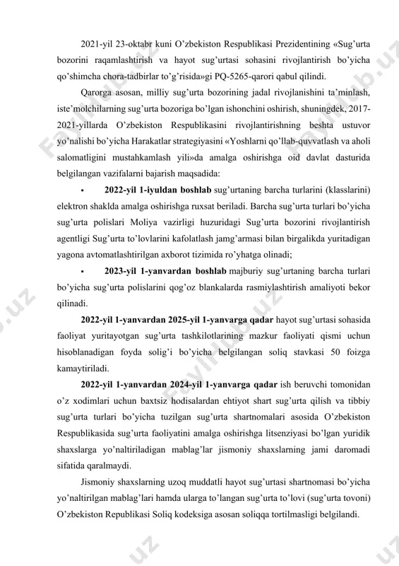 likda 2022-yil 1-iyunga qadar transport vositalari egalarining fuqarolik javobgarligini majburiy sug’urta qilish bo’yicha yagona axborot tizimi negizida barcha sug’urta polislarini ro’yhatga oluvchi va ularning aylanmasini nazorat qiluvchi yagona avtomatlashtirilgan axborot tizimi (keyingi o’rinlarda – yagona axborot tizimi) joriy etilishini ta’minlaydilar. sug’urta shartnomalarini yagona axborot tizimi orqali rasmiylashtirish sug’urta tashkilotlari uchun majburiy hisoblanadi. moliya vazirligi sug’urta tashkilotlari tomonidan ixtiyoriy pensiya sug’urtasi hamda uzoq muddatli (besh yil va undan ortiq) hayot sug’urtasi turlari bo’yicha sug’urta mukofotlari hisobidan shakllangan mablag’larni investitsiya qilish maqsadida inflyatsiyaga bog’langan davlat qimmatli qog’ozlarga yo’naltirish bo’yicha taklif va tavsiyalar ishlab chiqadi. hayot sug’urtasi sohasidagi milliy kadrlarni tayyorlash va qayta tayyorlash hamda xalqaro tajribani respublikada joriy qilish yuzasidan yaponiyaning the foundation for the advancement of life & insurance around the world (falia), oriental life insurance cultural development center (olicd) va boshqalar rivojlangan mamlakatlarning xalqaro hayot sug’urtasi jamg’armalari (uyushmalari) bilan tajriba almashinuvi amaliyoti yo’lga qo’yiladi. byudjet-soliq tadqiqotlari instituti ekspertlari ijtimoiy sug’urta …