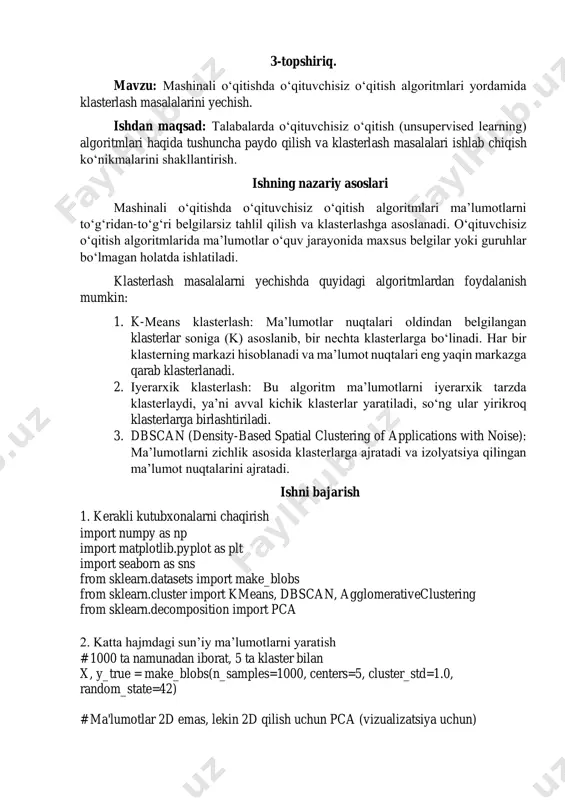 a (vizualizatsiya uchun) pca = pca(n_components=2) x_pca = pca.fit_transform(x) 3. k-means algoritmi bilan klasterlash kmeans = kmeans(n_clusters=5, random_state=42) kmeans_labels = kmeans.fit_predict(x) plt.figure(figsize=(7, 5)) plt.scatter(x_pca[:, 0], x_pca[:, 1], c=kmeans_labels, cmap='viridis', s=30) plt.title("k-means klasterlash") plt.xlabel("pca 1") plt.ylabel("pca 2") plt.grid(true) plt.show() 4. iyerarxik klasterlash (agglomerative clustering) hierarchical = agglomerativeclustering(n_clusters=5) hier_labels = hierarchical.fit_predict(x) plt.figure(figsize=(7, 5)) plt.scatter(x_pca[:, 0], x_pca[:, 1], c=hier_labels, cmap='plasma', s=30) plt.title("iyerarxik klasterlash") plt.xlabel("pca 1") plt.ylabel("pca 2") plt.grid(true) plt.show() 5. dbscan klasterlash dbscan = dbscan(eps=1.2, min_samples=10) dbscan_labels = dbscan.fit_predict(x) plt.figure(figsize=(7, 5)) plt.scatter(x_pca[:, 0], x_pca[:, 1], c=dbscan_labels, cmap='rainbow', s=30) plt.title("dbscan klasterlash (shovqinli nuqtalar bilan)") plt.xlabel("pca 1") plt.ylabel("pca 2") plt.grid(true) plt.show() xulosa: 1. k-means algoritmi ma'lumotlarni oldindan belgilangan klasterlar soni asosida yaxshi ajratadi, lekin shovqinli yoki notekis klasterlarda unchalik yaxshi ishlamaydi. 2. iyerarxik klasterlash klasterlar o‘rtasidagi masofalarni hisoblab daraxtsimon tarzda ajratadi, bu esa vizual klasterlash uchun foydalidir. 3. dbscan algoritmi shovqinli ma’lumotlarni aniqlaydi va har xil shakldagi klasterlarni yaxshi ajrata oladi. ammo, eps va min_samples …