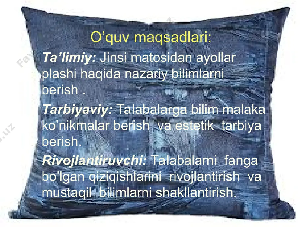 sqichlar vaqti faoliyat mazmuni o’qituvchi talaba izoh 1-bosqich kirish (10 minut) 1.1 mavzu, uning maqsadi, ma’ruza mashg’ulotidan kutilayotgan natijalar ma’lum qilinadi. 1.1 eshitadi, tarqatma materiallar bilan tanishadi, yozib oladi; og’zaki, yozma 2-bosqich asosiy (60 minut) 2.1. talabalar e’tiborini jalb etish va bilim darajalarini aniqlash uchun tezkor savol javob o’tkazadi; 2.2 “ motivatsiya” metodini qo’llab o’rtaga faollashtiruvchi savollar tashlaydi; 2.3. o’qituvchi vizual materiallardan foydalangan holda darsni tushuntirishda davom etadi, 2.4. “insert” metodidan foydalanib talabalar yangi mavzuni qay darajada o’zlashtirayotishganini tekshiradi; 2.5 mavzu yuzasidan savollar beriladi; shundan so’ng talabalar bajarilgan ishlar, test va savollarga javoblar keltirilgan baholash mezonlariga asoslangan holda baholanadi; 2.6 talabalar javobini sharhlaydi,xulosalarga e’tibor beradi, aniqlik kiritadi 2.1. eshitadi, javob beradi. 2,2 o’ylaydi va javob beradi; 2.3. mavzu yuzasidan savollar beradi asosiy joylarini yozib oladi; 2.4. ishni bajaradi, eslab qoladi, yozadi, har bir savolga javob berishga harakat qiladi; blits so’rov metodi; motivatsiya metodi; vizual ma’ruza; insert metodidan foydalanish 3-bosqich yakuniy …