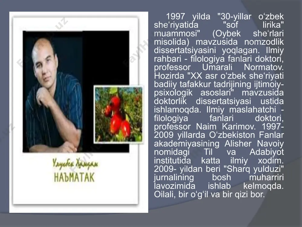 eshilar yo‘lingda ko‘zim behuda... yana sen bordaysan, lekin topmayman, yana men izlayman, yo‘kdaysan biroq! mangu ikkilikning o‘rtasi - vatan, mangu iztirobdir men tikkan bayroq! xudoyimning qo’shig’i ko‘zlaringni ko‘zimga tikib, yuragimdan hikmatlar so‘rgil. jon ildizing jonimga ekib, nafasimdan titrablar turgil. arosatda to‘lg‘anmagil, bas, olovlarning baridan voz kech: yuragingning siridan emas, dunyolarning kiridan voz kech! umr axir kelmaydi qaytib, armonlarni parchalab ketgil. xudoyimning qo‘shig‘in aytib, xudoyimning qoshiga yetgil... kapalak gul labida o‘ltirar nuqul, yo‘q, adashdim, raqs tushadi ul. umri ozdir guldan-da, biroq parvo qilmas ham kuladi ul... mangu ishq orzusi seni kutib umrim o‘tsaydi... visolingta yetmasam, mayli. o’lim quchgan asnoda ham sen yuragimda bo‘lsayding, layli... seni kutib umrim o‘tsaydi. men ishqimni qo‘yardim u kun xudoyimning tarozusiga va hukmini kutardim tag‘in umid etib ishq orzusiga, ey yuzlari hamisha gulgun!.. seni sevib umrim o‘tsaydi... senga qaytguvchi... har kuni kuyingda ming bora o‘lib, ming bora tirilgan aftoda menman. baxtu baxtsizliging belanchagida adoqsiz tebrangan ovora menman. …