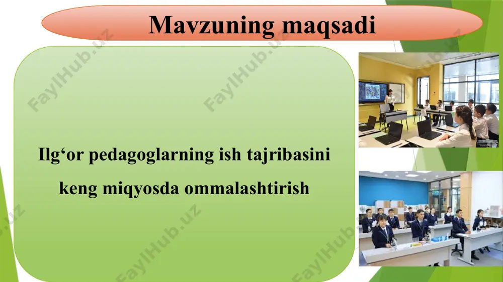 rda sinovdan o‘tkaziladi. muvaffaqiyatli tajribalar asosida umumta’lim maktablari uchun tavsiyalar ishlab chiqiladi. har yili ilg‘or metodik tajribalarni jamlash va maktablarga yetkazish chora-tadbirlar rejasi t/r muammo muammoning yechimini amalga oshirish mexanizmi mas’ullar muddati natija 1 maktabda tajriba sifatida sinashning mukammal emasligi 1.metodik tajribani 1 yil davomida sinash 2.muammo va kamchiliklarni aniqlash. 3.ommalashtirish.uz platformasiga joylash maktab direktori, o‘ribosarlar va maktab jamoasi o‘quv yili davomida. ilg‘or metodik tajribani yanada mukammal bo‘lishiga erishiladi. 2 mediasavodxon- likning yuqori darajada bo‘lmasligi 1. akt bo‘yicha semenar tashkil etish 2.sun’iy intelektdan keng foydalanish maktab direktori, o‘ibdo‘ va informatika fani o‘qituvchilari yil davomida pedagoglar oz ilg‘or tajribalarini barcha tarmoqlarda ommalashtirishga erishadilar 3 tajriba almashinuvi deyarli yo‘qligi 1. yaqin maktablar bilan hamkorlikni yo‘lga qo’yish 2.krs ni boshqa maktabda amaliy tashkil etish maktab direktori o‘ibdo‘ metodbirlashma rahbarlari o‘quv yili davomida ilg‘or tajribaning mukammal darajada shakllanishiga olib keladi. xulosa xulosa xulosa qilib aytganda, ilg'or tajribani ommalashtirish - ta'lim tizimini rivojlantirishning muhim yo'nalishi. …