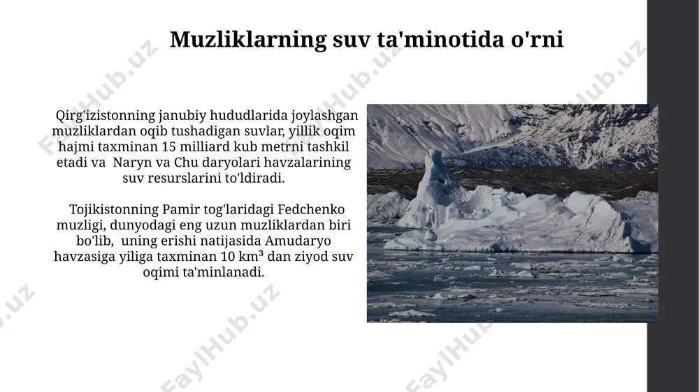 ntaqasida, xususan, o'zbekistonning amudaryo havzasida 15% ga yaqin suv resurslari kamayishi kuzatilmoqda, bu qishloq xo'jaligiga salbiy ta'sir ko'rsatmoqda. alp tog'laridagi muzliklarning 30% dan ortig'i so'nggi 100 yil ichida yo'q bo'lib ketgan, bu esa italiya, fransiya va shveytsariya kabi mamlakatlarning gidroenergetika va turizm sektorlariga katta zarar yetkazmoqda. muzliklarni o'rganish usullari muzliklarning harakatini kuzatish uchun gps texnologiyasi va in-situ o'lchov vositalari qo'llaniladi, masalan, hindistonning himoloy tog'laridagi gangotri muzligida yiliga o'rtacha 20-30 metr tezlikda harakatlanishi kuzatilgan. muzliklarning suv balansini o'rganishda, alp tog'laridagi muzliklarda o'rtacha 2-3 ta avtomatik meteorologiya stansiyalarining ma'lumotlaridan foydalaniladi, bu esa yog'in-yog'ish va bug'lanish miqdorini aniqlashga yordam beradi. muzliklarning erishi va suv oqimiga ta'siri alp togʻlaridagi muzliklarning erish sur’ati 1980 yildan beri 30% ga oshgan boʻlib, bu esa rhône daryosining yozgi suv oqimini sezilarli darajada kamaytirdi va energiya ishlab chiqarishga ta’sir koʻrsatmoqda. oʻrta osiyodagi, xususan, tojikiston va qirgʻizistonning togʻli hududlarida joylashgan muzliklarning erishi bahorgi suv toshqinlari xavfini 2-3 baravar oshiradi, bu …