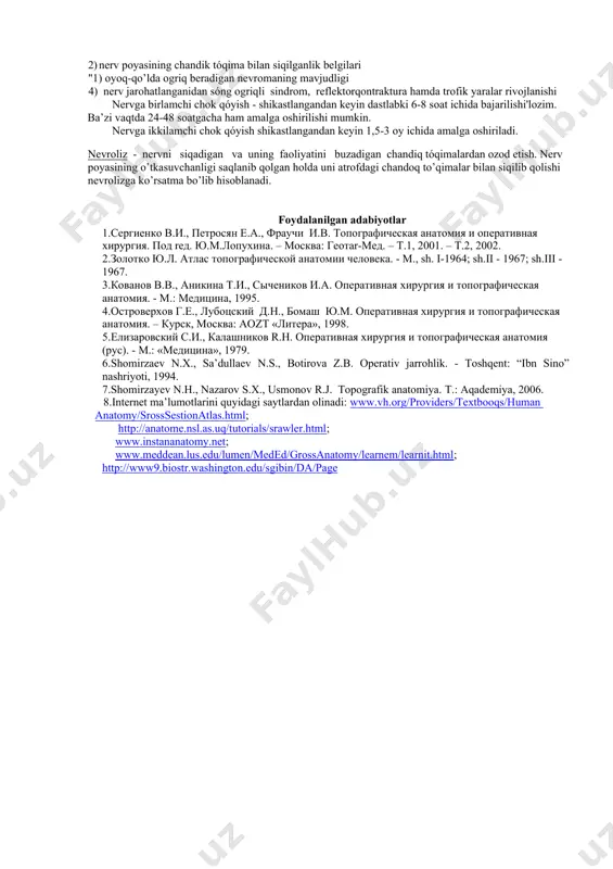 tlanishi, torayib qolganligi tufayli tomirlarning rezekciya qilinishi, tomirlar rivojlanishida uchraidigan anatomiya anevrizmalar qon tomirlarga chok qόyishga kόrsatma bula oladi. shuningdek, anastomozlar kuiilganida va tomirlar plastikasida koi tomirlar tiqiladi. hozirgi kunda tomirlarni tikish, embolektomiya, protezlash va tomirni ko’chirib όtkazish keng qόllaniladi. qon tomir choklariga qόyiladigan talablar: · jarohatlangan qon tomir qirĝoqlarini uning chich juda kam torayadigan qilib biriktirish. · chokning germetik bo’lishi · chok chizigi bόylab tromblar hosil bo’lishining oldini olish · choklarning tomir ichiga kirishning oldini olish · intimaning intimaga birikishini ta’minlash. tomirlarga chok qόyish bosqichlari: 1. qon tomirlar mobilizaciyasi 2. tomir uchlarini tikishga tayyorlash 3. tomini tikish 4. qisqichlarni echib olish 5. tomir germetikligi va o’tkazuvchanligini tekshirib kurish. tomirlarga chok qόyish usullari: · tomirni karrel bόyicha tikish · tomirni ĝorsley bόyicha tikish · tomirni morozov bόyicha tikish · tomirga mexanik chok qόyish tomirlarni tikish uchun kerakli asboblar: elastik qon tomir qisqichlari, kόz pincetlari, igna tutkdchlari, deshan, kόper ignalari, atravmatik …