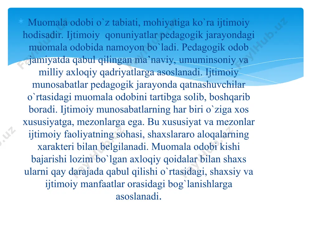 shi, anglashi tushuniladi. pedagogik muloqotda quyidagi prinsiplarga asoslanadi: muomala odobining tuzilishi juda murakkabdir. u pedagogik faoliyatda sub’ekt-ob’ekt munosabatlari shaklida ifodalanadi. sub’ekt-ob’ekt munosabatlari muallim o`zining professional burchini bajarayotganida o`quvchilar, kasbdoshlari, ota-onalar, jamoat tashkilotlarining vakillari bilan o`qituvchi o`rtasidagi aloqalarda vujudga keladi. u o`zaro hurmat darajasi, ishonch, talabchanlik, xayrixohlik, tashabbuskorlik, o`zaro g`amxo`rlik, har birlarining inson sifatida qadr qimmatini e’zozlash kabilarda namoyon bo`ladi. ular o`qituvchining pedagogik faoliyatda boshqalar bilan muomalasining xarakterini baholashga xizmat qiladi. o`qituvchining muomala odobi - u aloqa qiladigan odamlar, muassasalar bilan o`z professional vazifasini bajarayotganda sodir bo`ladigan ahloqiy munosabatlar majmuidir. bu yondoshuv asosida pedagogik muomala odobini shartli ravishda quyidagi guruhlarga ajratish mumkin: o`qituvchi bilan o`quvchilar o`rtasidagi muomala; o`qituvchi bilan pedagogik jamoa o`rtasidagi muomala; o`qituvchi bilan ota-onalar o`rtasidagi muomala; o`qituvchi bilan maktab rahbarlari o`rtasidagi muomala. o`qituvchining pedagogik jarayon qatnashchilari bilan muomalasi — bu kishilarning o`zaro bir-birlariga bo`lgan shaxsiy insoniy munosabatlari sifatida ham qaraladi, ular pedagogik jarayon qatnashchilarining xatti-xarakatlarida, hulqida, ish shakli va …