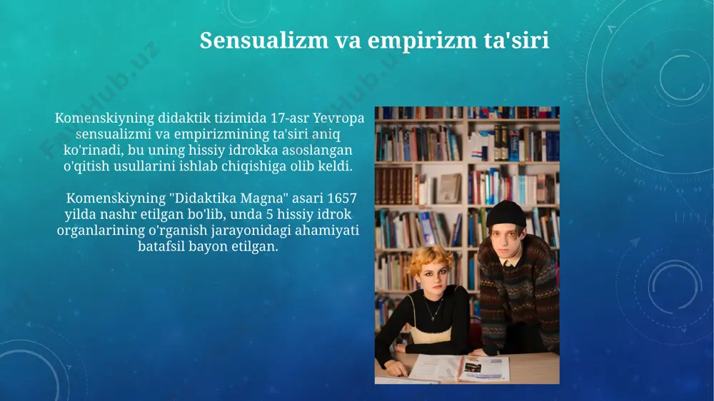 shga oid noyob pedagogik yondashuv namoyon bo'lgan, bu esa zamonaviy interaktiv uslublarning boshlanishi hisoblanadi. oila va maktabning o'zaro hamkorligi komenskiy oila va maktabning birgalikdagi ta'lim jarayonida 3 yoshdan 6 yoshgacha bo'lgan bolalarni rivojlantirishda hamkorlikni muhim deb bilgan, bu esa pragadagi tajribalariga asoslangan edi. uning fikricha, ota-onalar bolaning dastlabki 6 yillik ta'limi uchun mas'ul bo'lib, maktab esa 12 yoshgacha bo'lgan davrni qamrab oladi, bu ikki muhitning uyg'unligi muhimdir. umumta'lim maktabi g'oyasi komenskiyning "umumta'lim maktabi" g'oyasi 17-asrda, chexiya va moraviya kabi hududlarda barcha 6-12 yoshdagi bolalar uchun majburiy ta'limni o'z ichiga olgan. ushbu g'oya, milliy tillarda ta'limning muhimligini ta'kidlab, taxminan 300 yildan ortiq vaqt davomida jahon ta'lim tizimlariga kuchli ta'sir ko'rsatdi. o'qitish metodlariga oid qarashlar uning "didaktika magna" asarida bayon etilgan 4 bosqichli o'qitish metodikasi (ta'rif, namoyish, mashq, takrorlash) bo'lajak o'qituvchilar uchun 17-asr evropasida muhim qo'llanma bo'lgan. komenskiy o'quv jarayonida 150 dan ortiq didaktik o'yinlardan foydalanishni taklif qilgan bo'lib, ularning aksariyati amaliy …